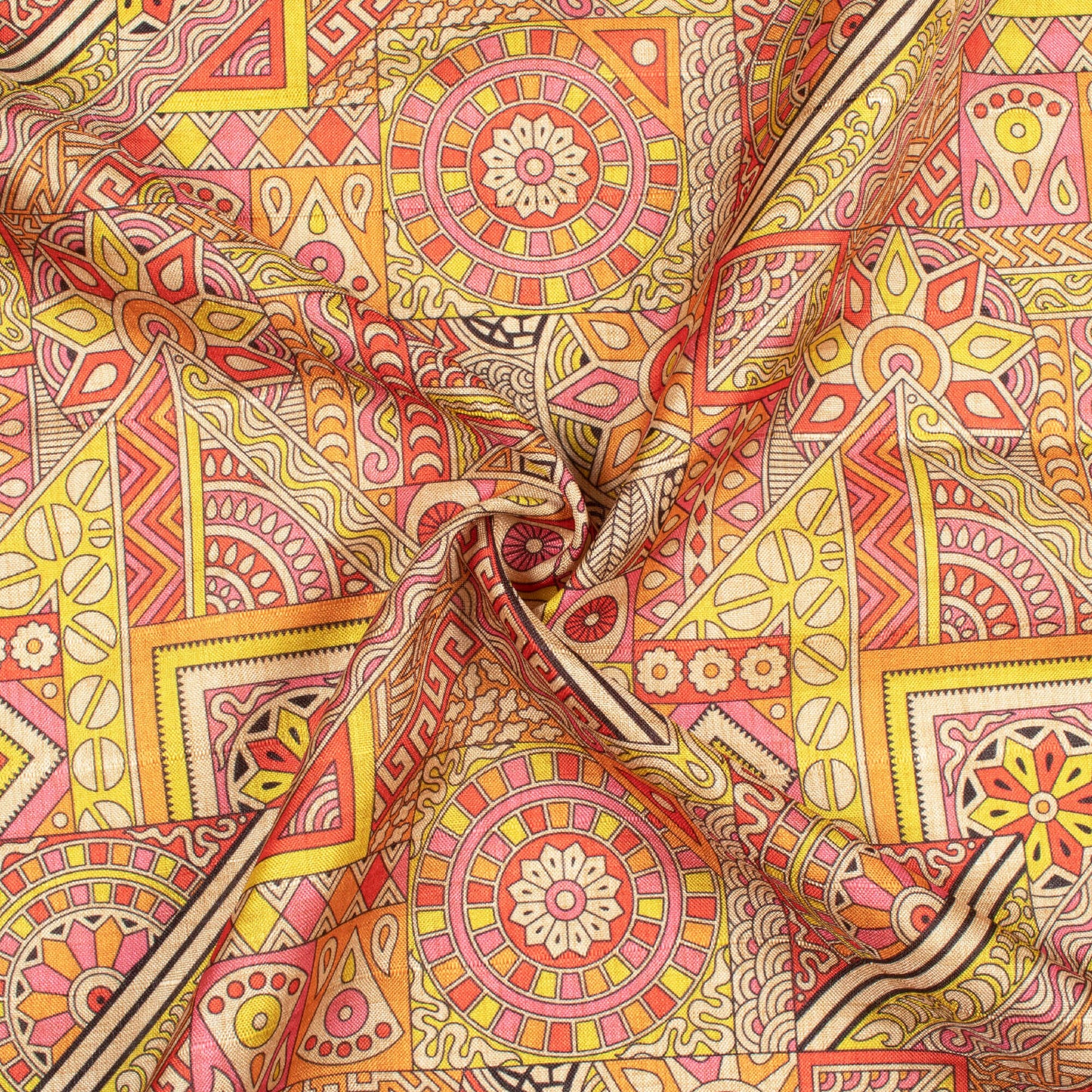 Hot Pink And Bumblebee Yellow Madhuvanii Pattern Digital Print Art Tusser Silk Fabric