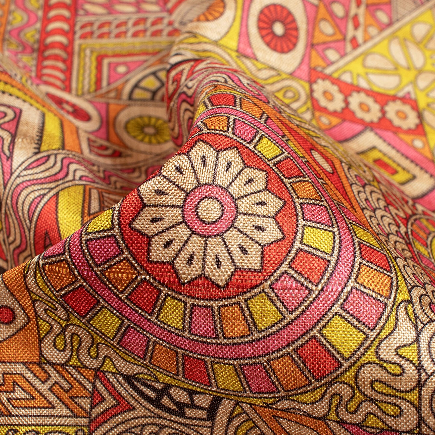 Hot Pink And Bumblebee Yellow Madhubani Pattern Digital Print Art Tusser Silk Fabric