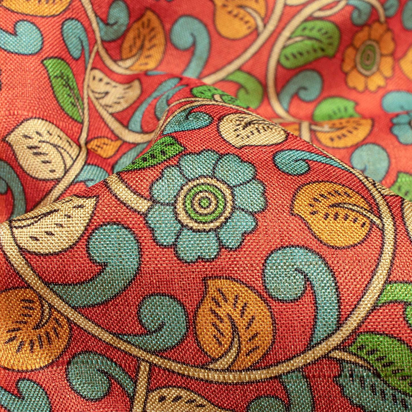 Rust Orange And Steel Blue Kalamkrii Pattern Digital Print Art Tusser Silk Fabric
