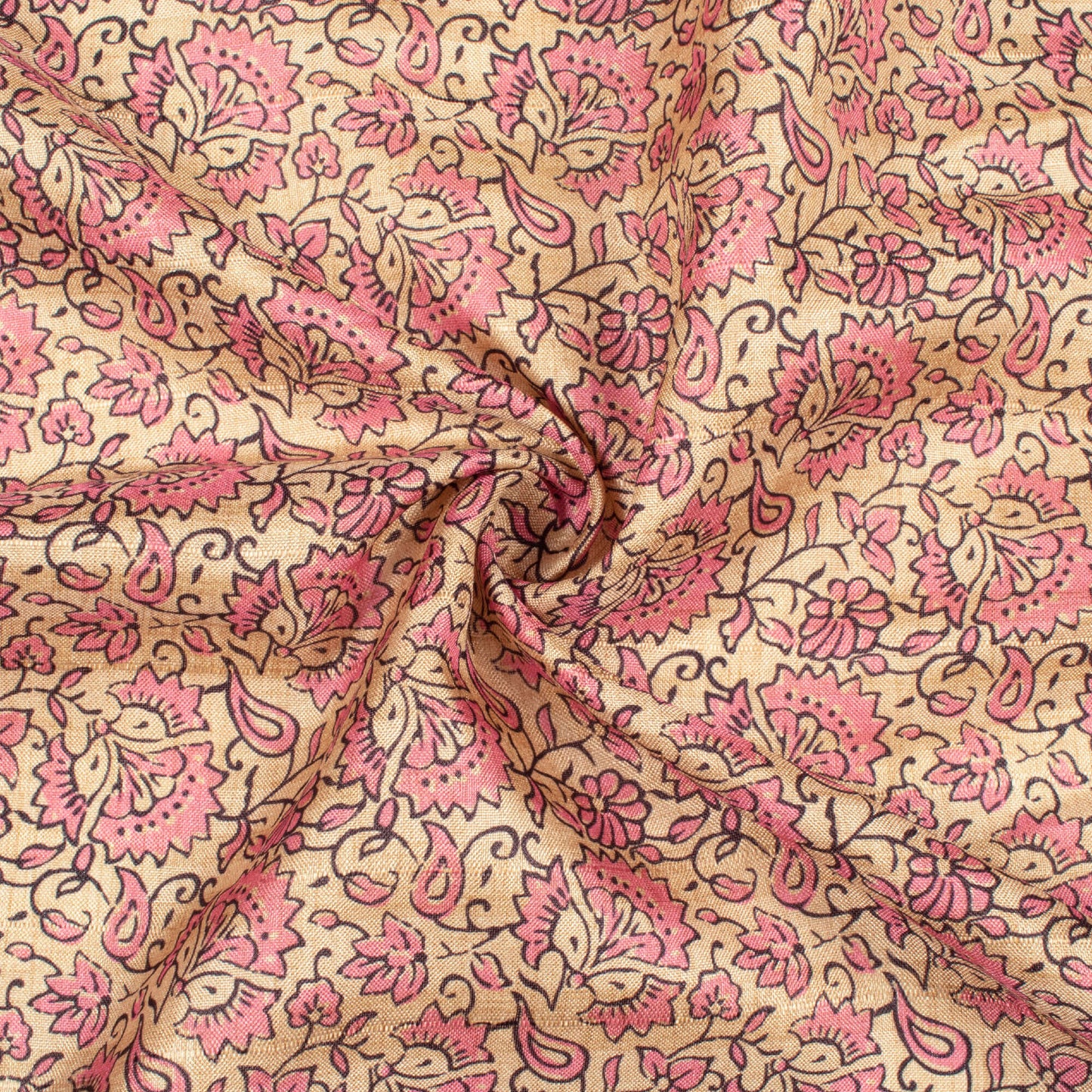 Taffy Pink And Off White Kalamkrii Pattern Digital Print Art Tusser Silk Fabric
