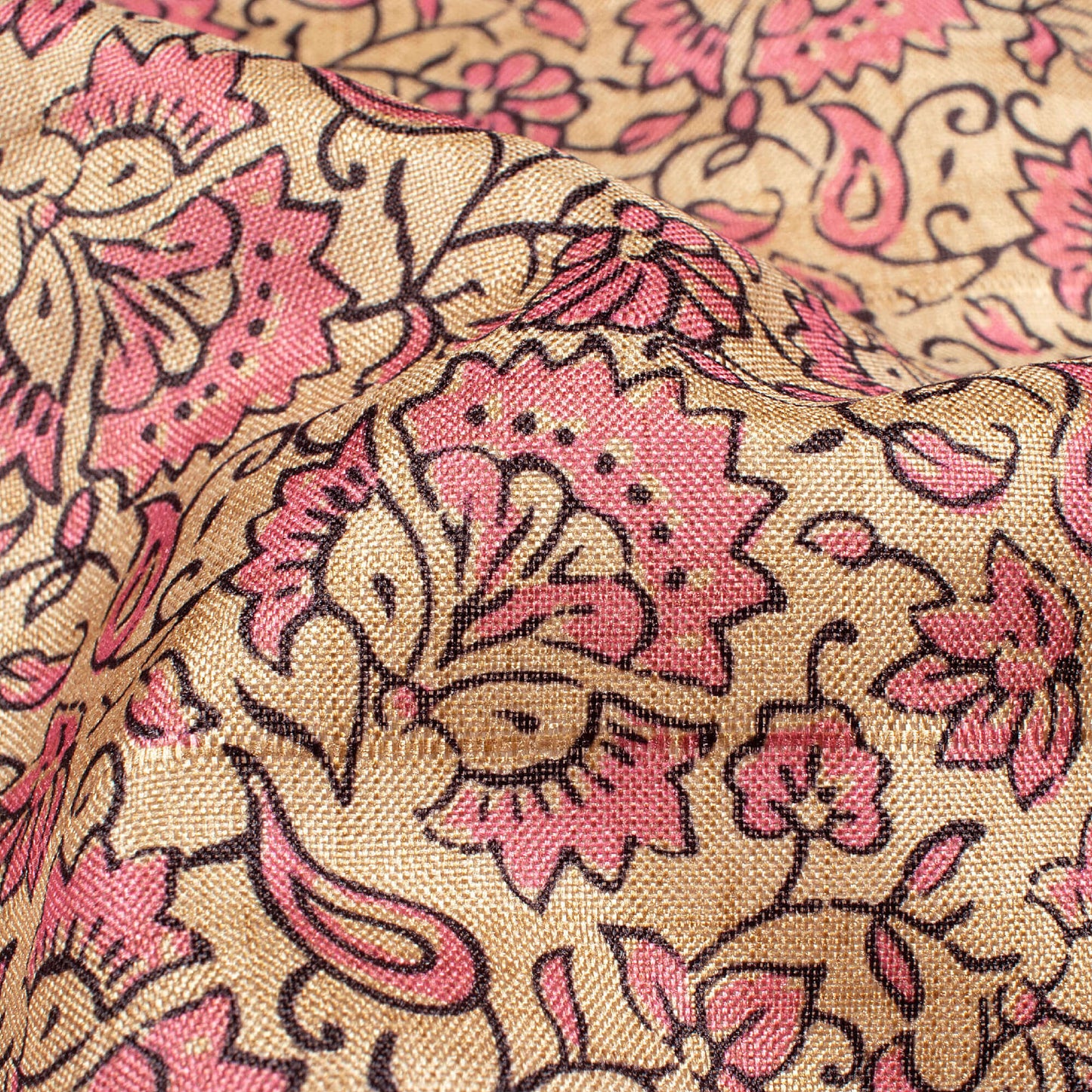 Taffy Pink And Off White Kalamkrii Pattern Digital Print Art Tusser Silk Fabric