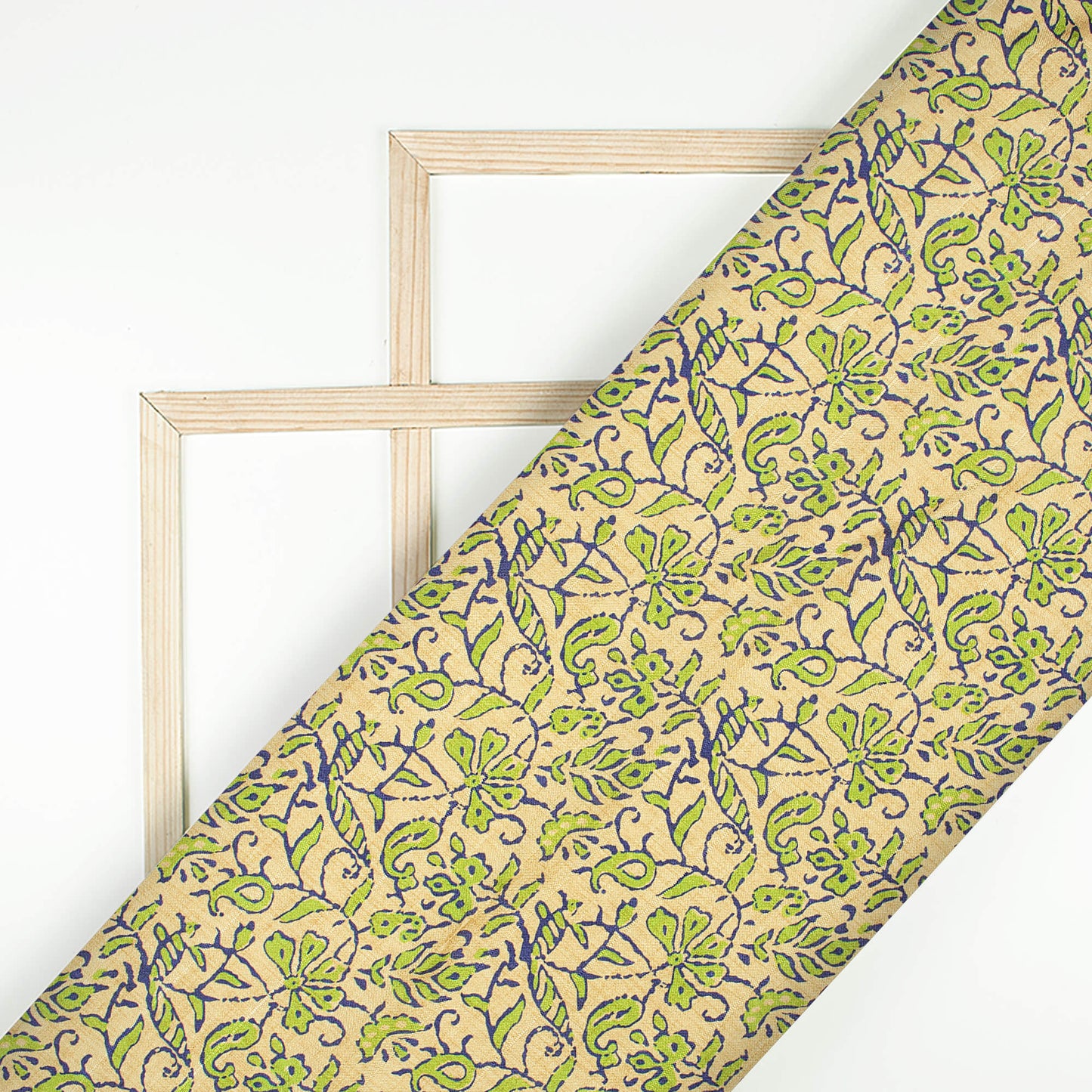 Ecru Beige And Pear Green Paisley Pattern Digital Print Art Tusser Silk Fabric