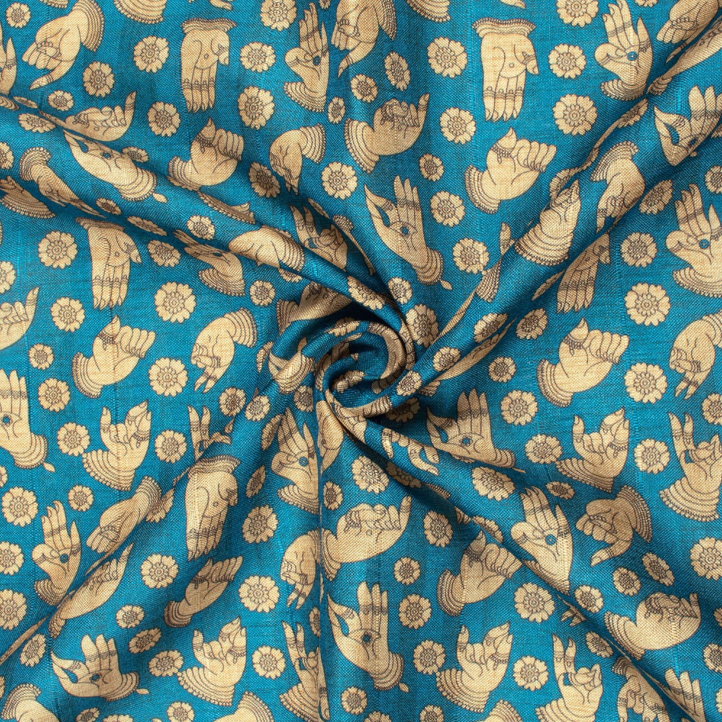 Dark Steel Blue And Off White Kalamkrii Pattern Digital Print Art Tusser Silk Fabric
