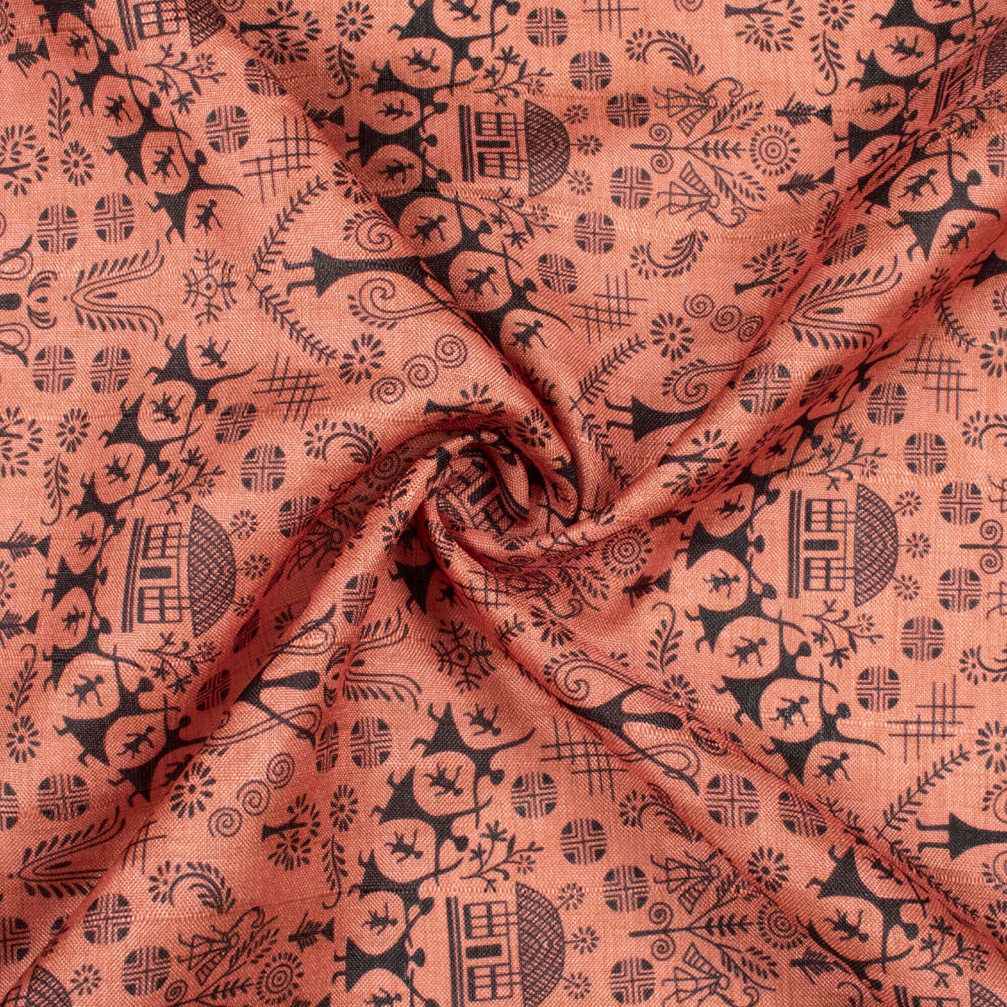 Coral Orange And Black Madhuvanii Pattern Digital Print Art Tusser Silk Fabric