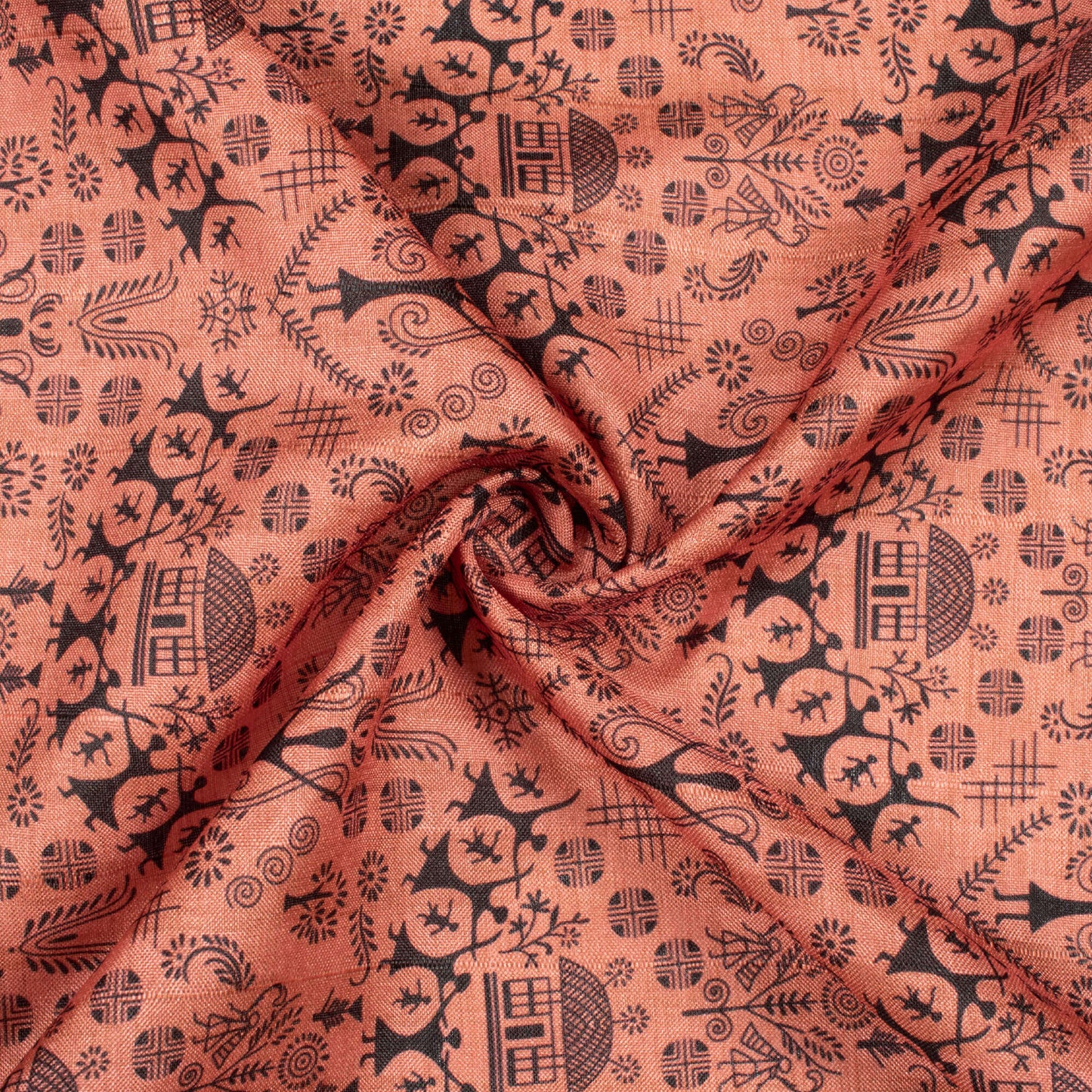 Coral Orange And Black Madhubani Pattern Digital Print Art Tusser Silk Fabric