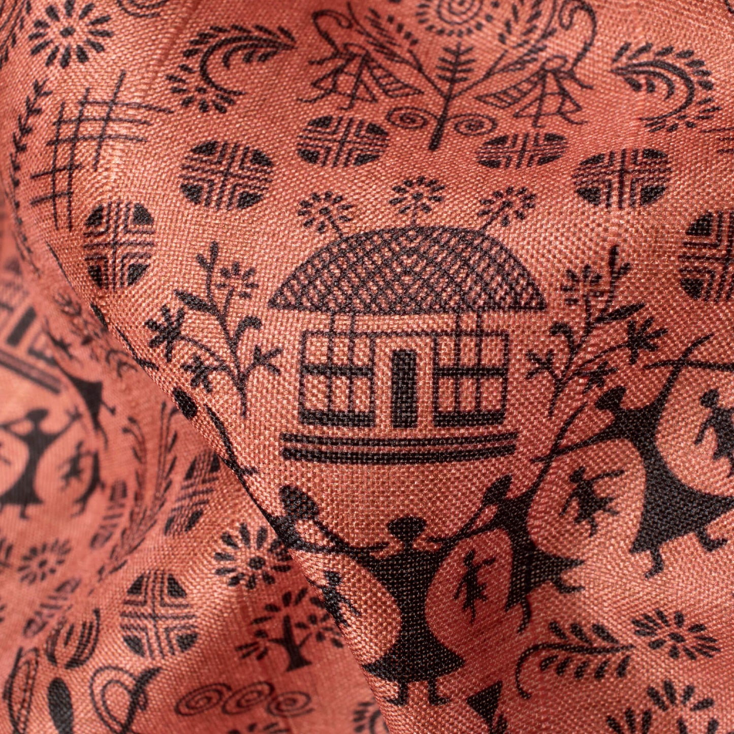 Coral Orange And Black Madhubani Pattern Digital Print Art Tusser Silk Fabric