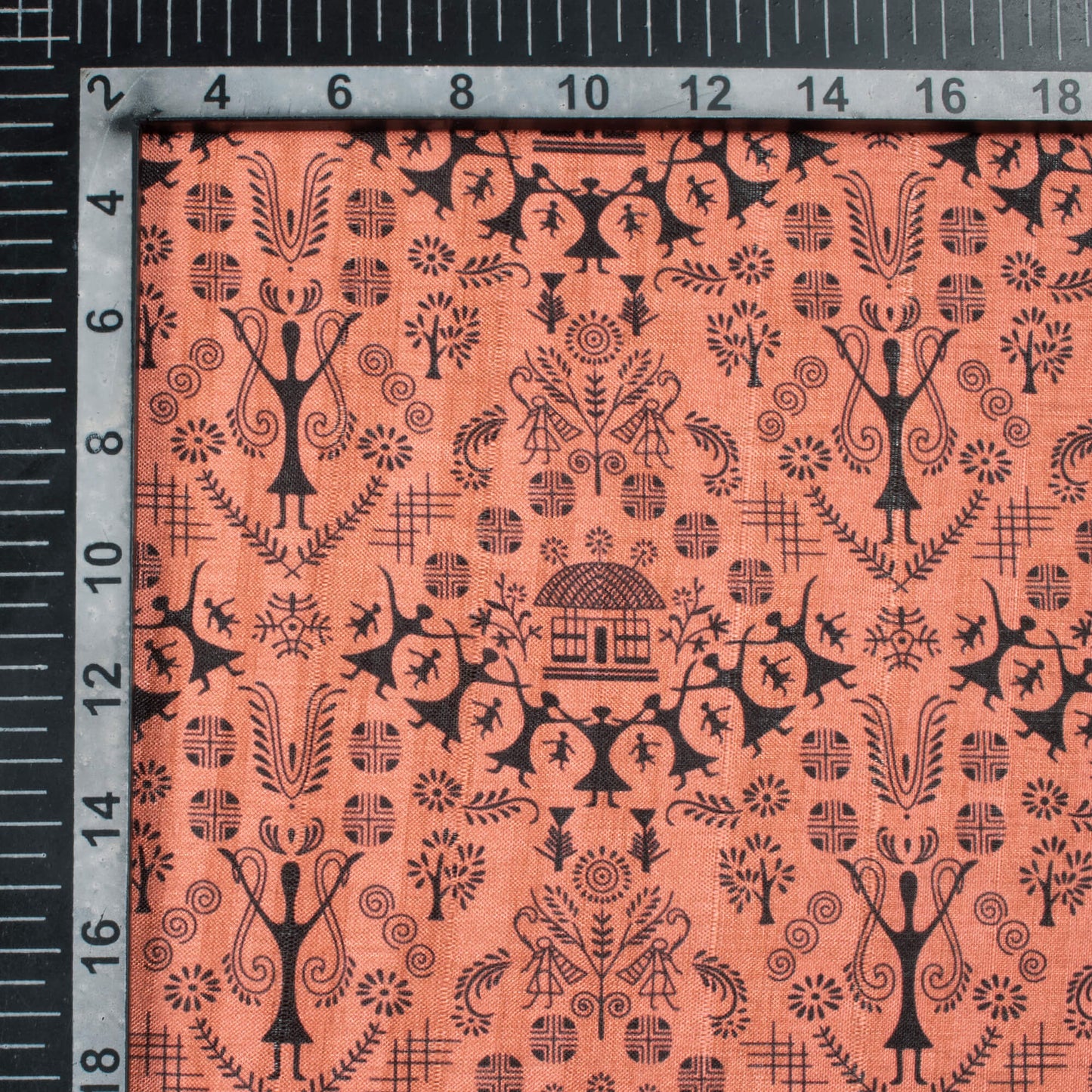 Coral Orange And Black Madhubani Pattern Digital Print Art Tusser Silk Fabric