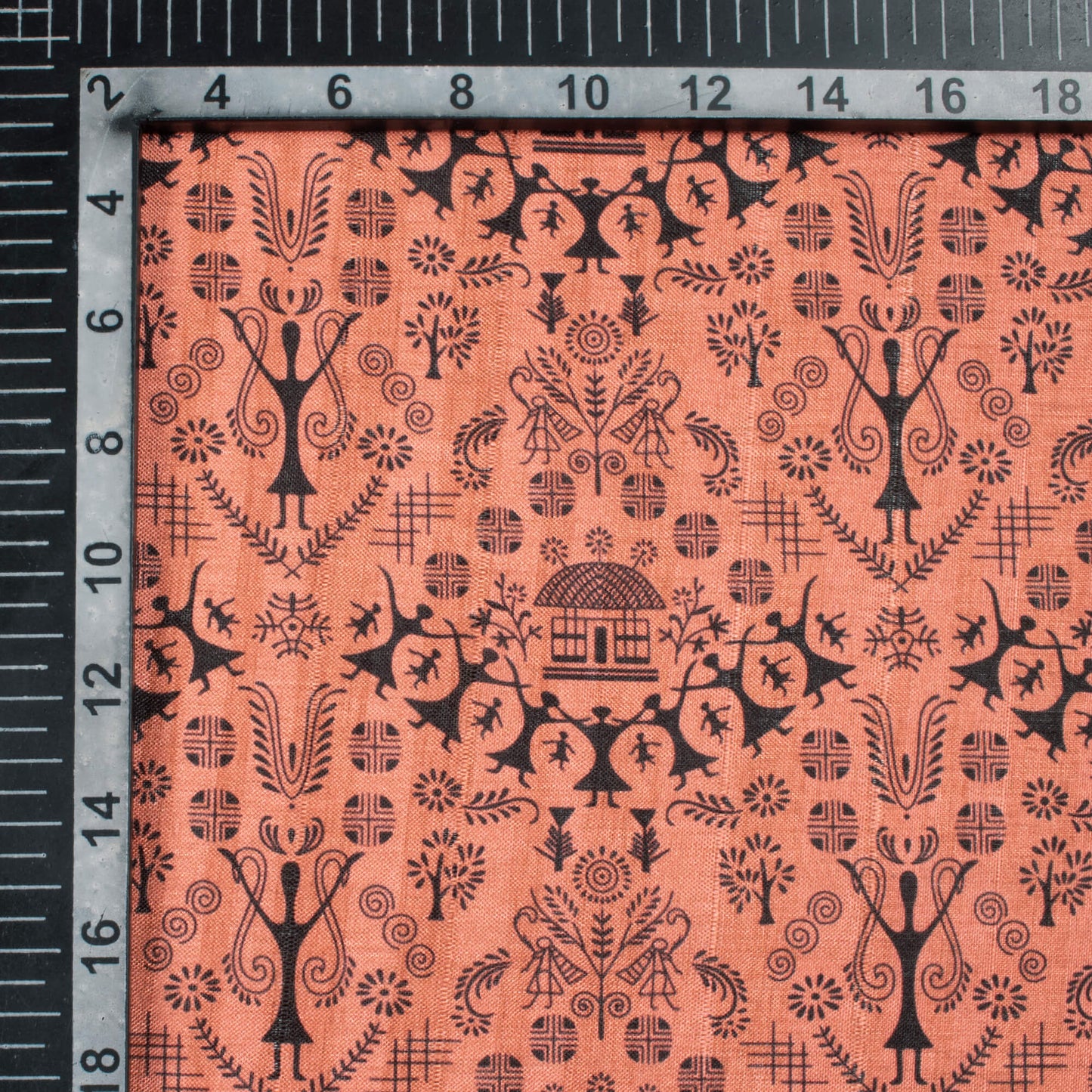 Coral Orange And Black Madhuvanii Pattern Digital Print Art Tusser Silk Fabric