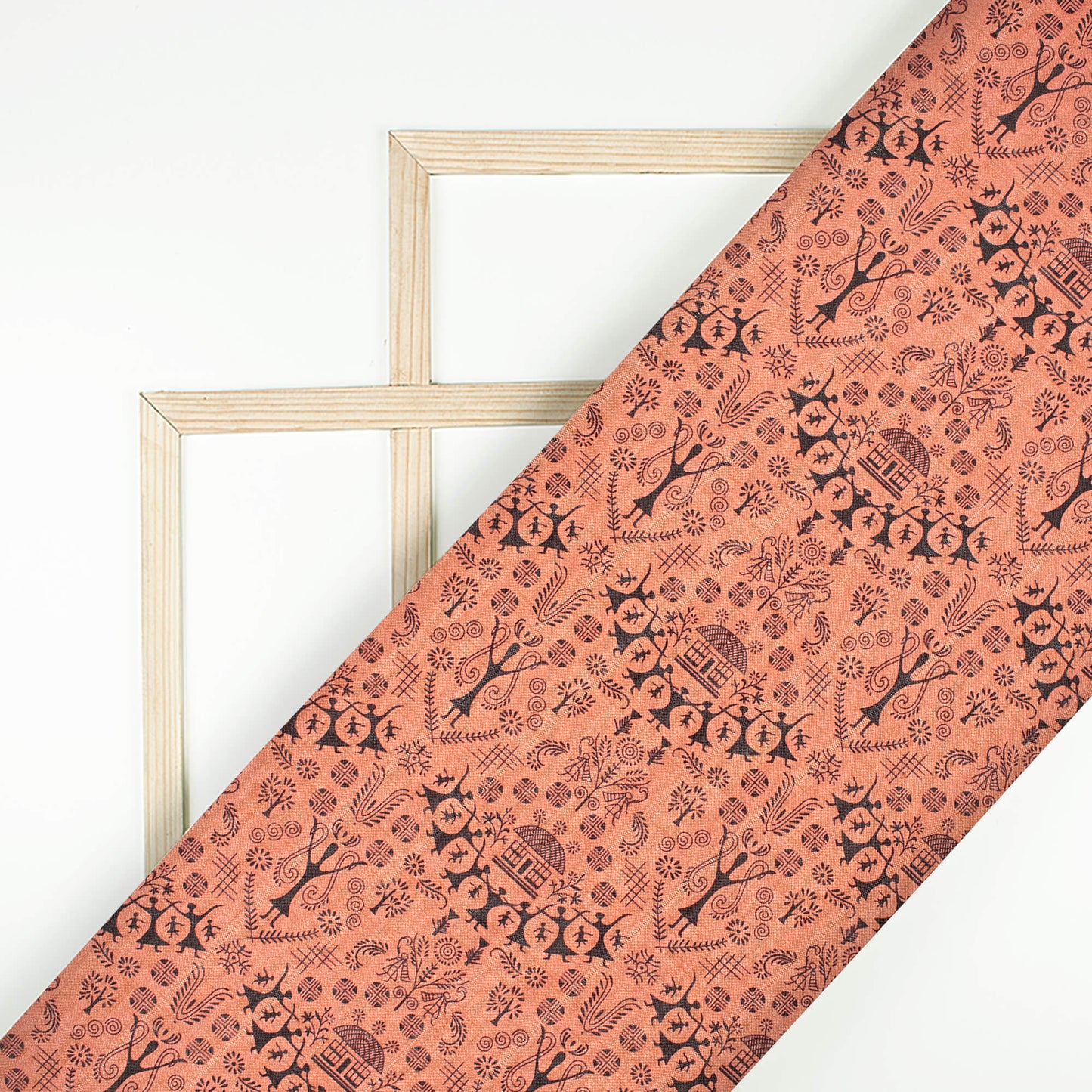 Coral Orange And Black Madhuvanii Pattern Digital Print Art Tusser Silk Fabric
