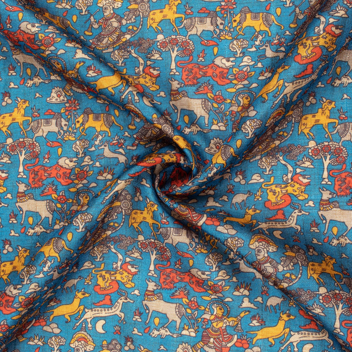 Dark Steel Blue And Red Madhubani Pattern Digital Print Art Tusser Silk Fabric
