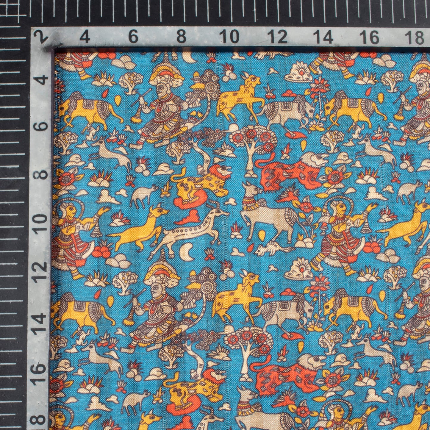 Dark Steel Blue And Red Madhuvanii Pattern Digital Print Art Tusser Silk Fabric