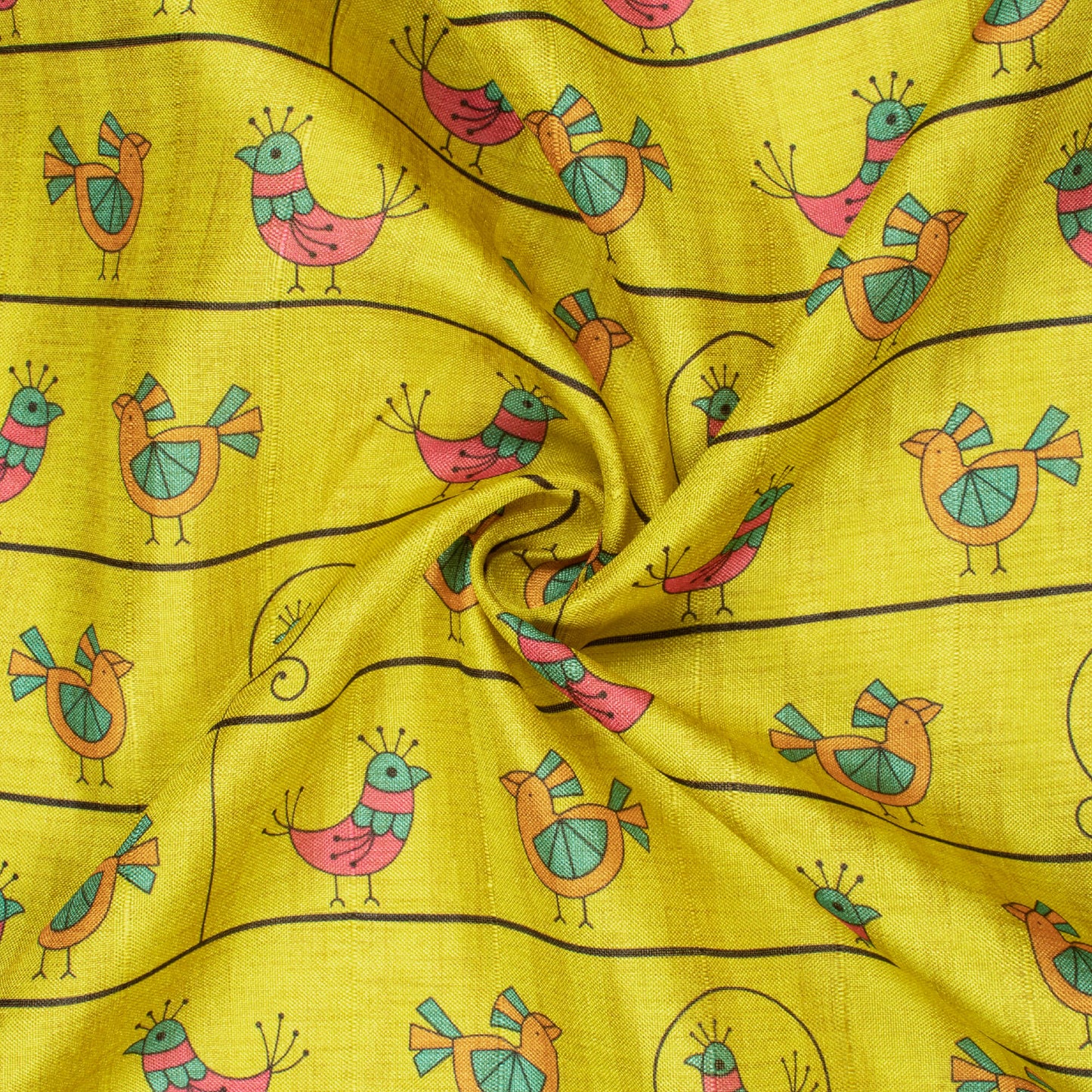 Bumblebee Yellow And Hot Pink Madhubani Pattern Digital Print Art Tusser Silk Fabric