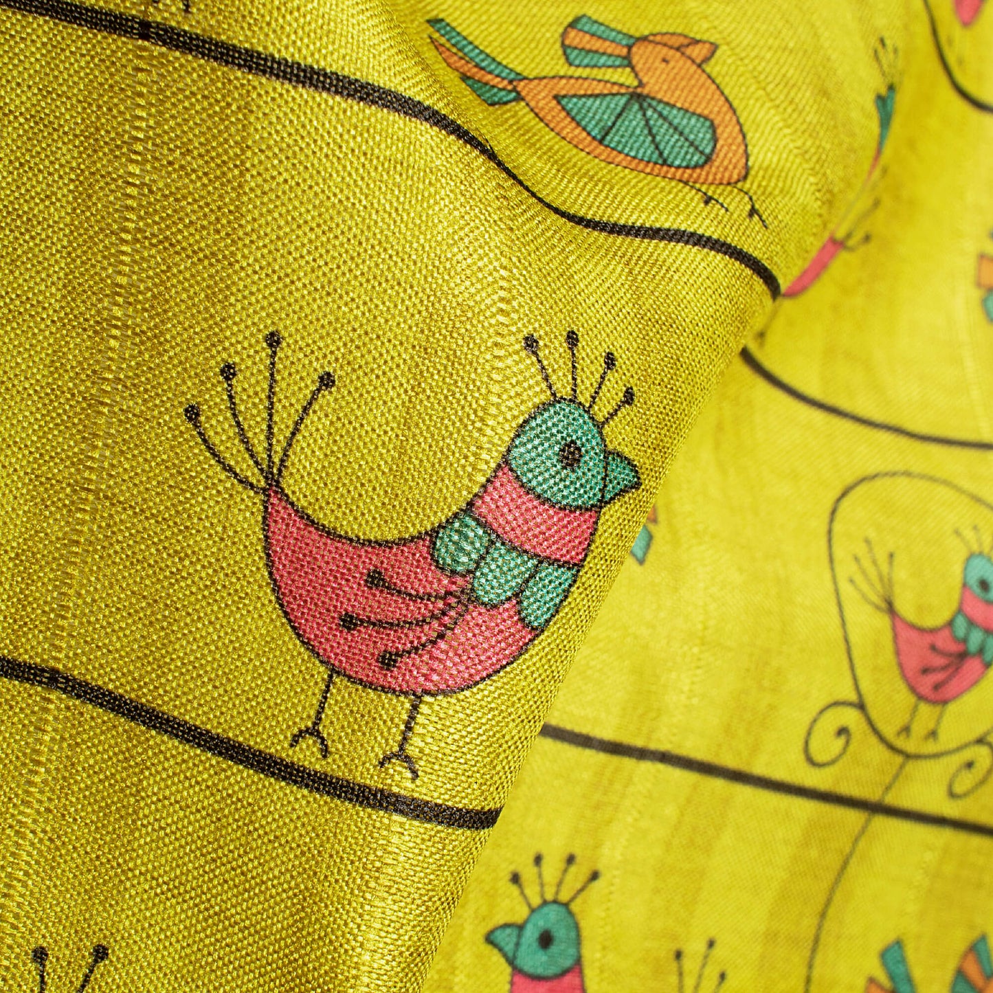 Bumblebee Yellow And Hot Pink Madhubani Pattern Digital Print Art Tusser Silk Fabric