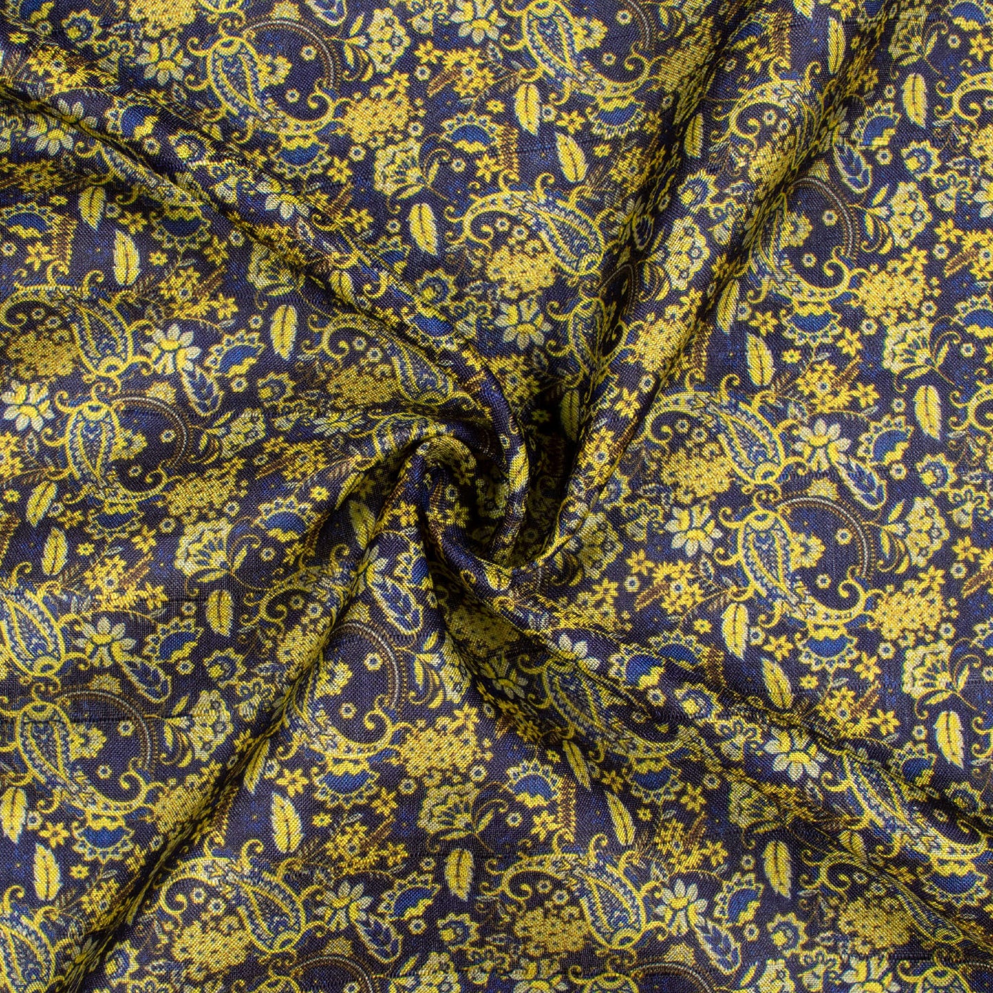 Navy Blue And Bumblebee Yellow Paisley Pattern Digital Print Art Tusser Silk Fabric