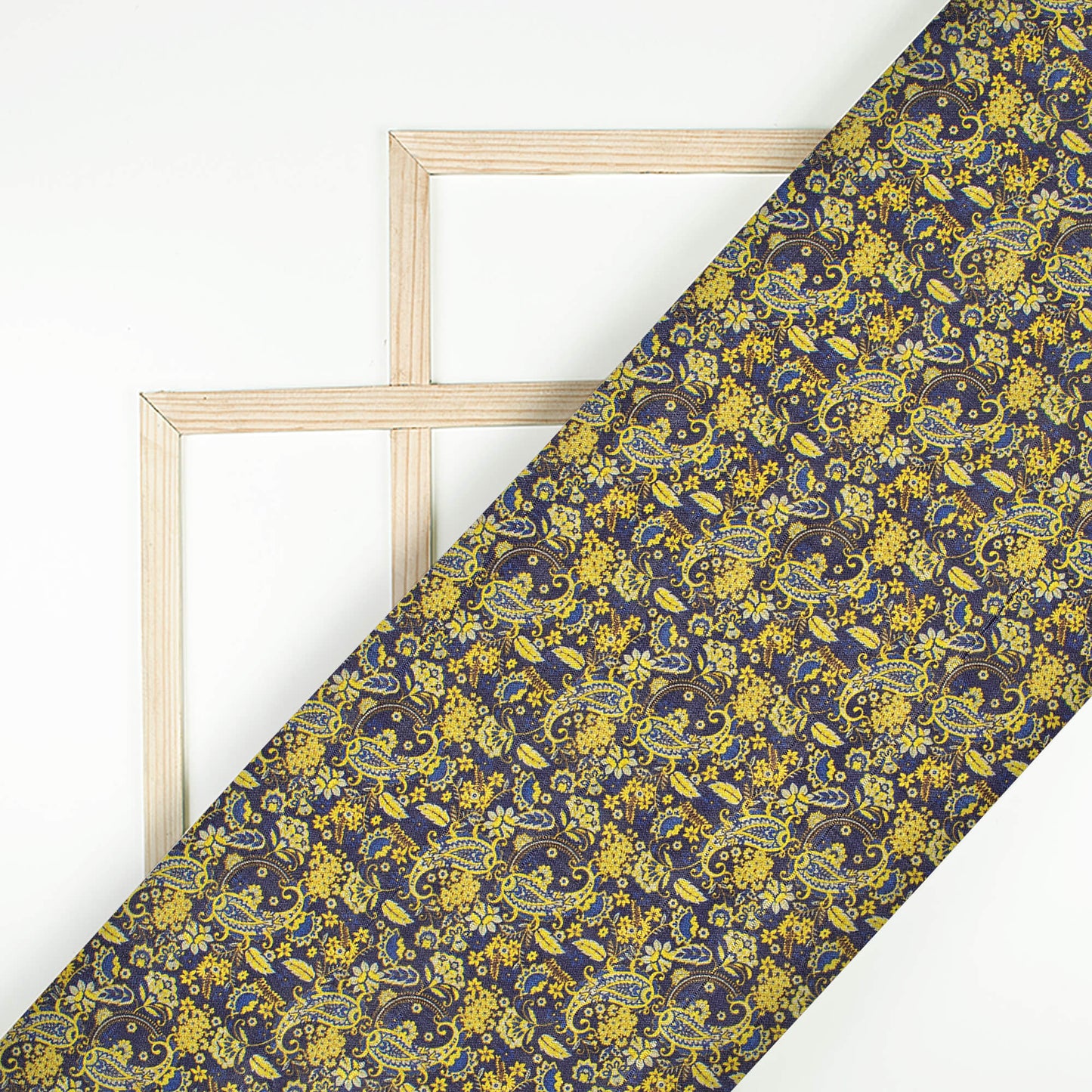 Navy Blue And Bumblebee Yellow Paisley Pattern Digital Print Art Tusser Silk Fabric