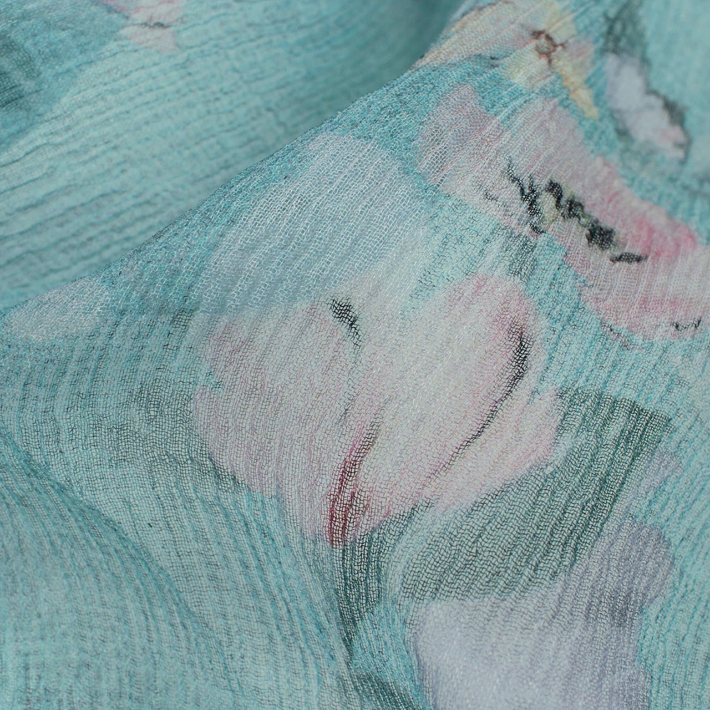 Turkish Blue And Pink Floral Pattern Digital Print Bemberg Chiffon Fabric