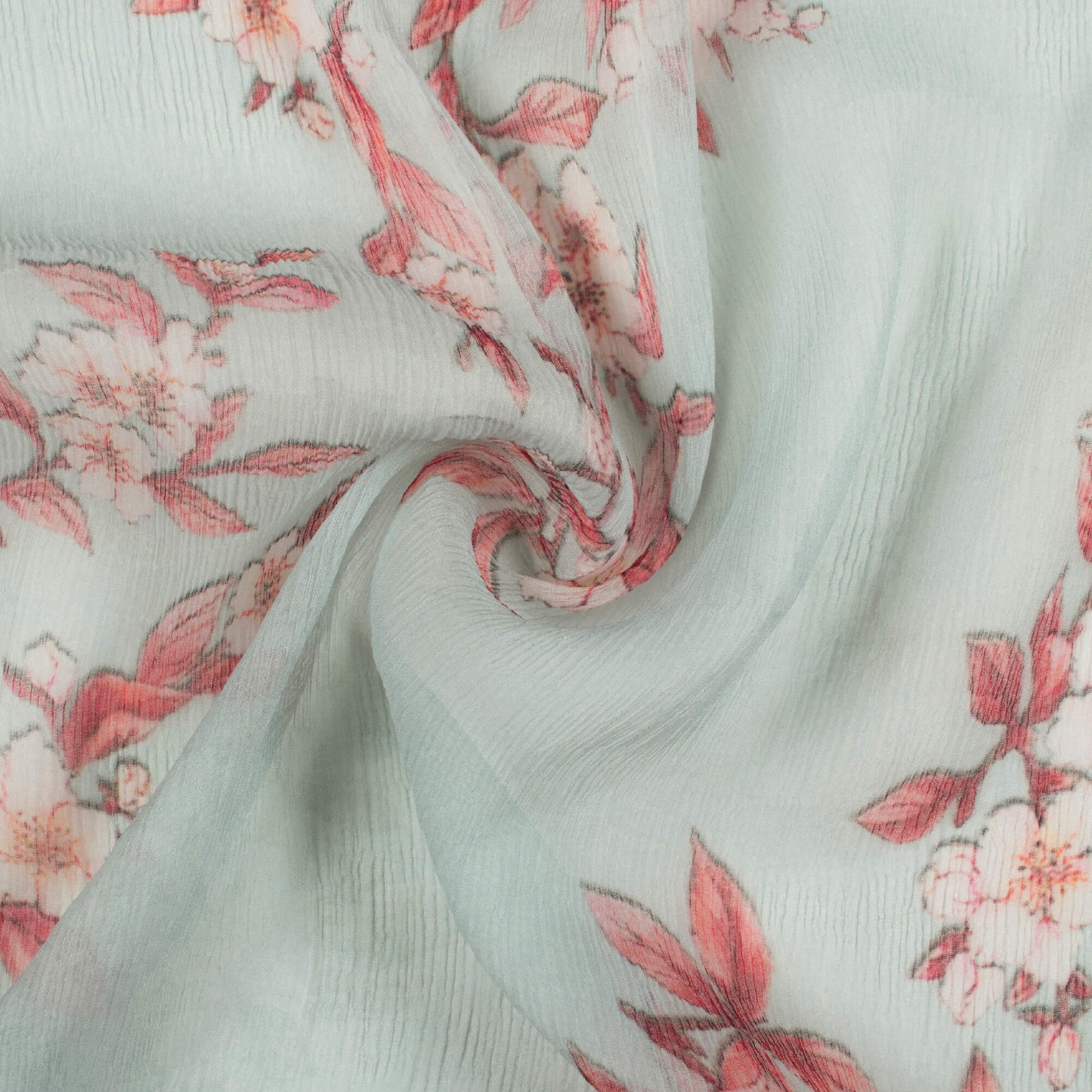 Powder Blue And Brick Red Floral Pattern Digital Print Bemberg Chiffon Fabric