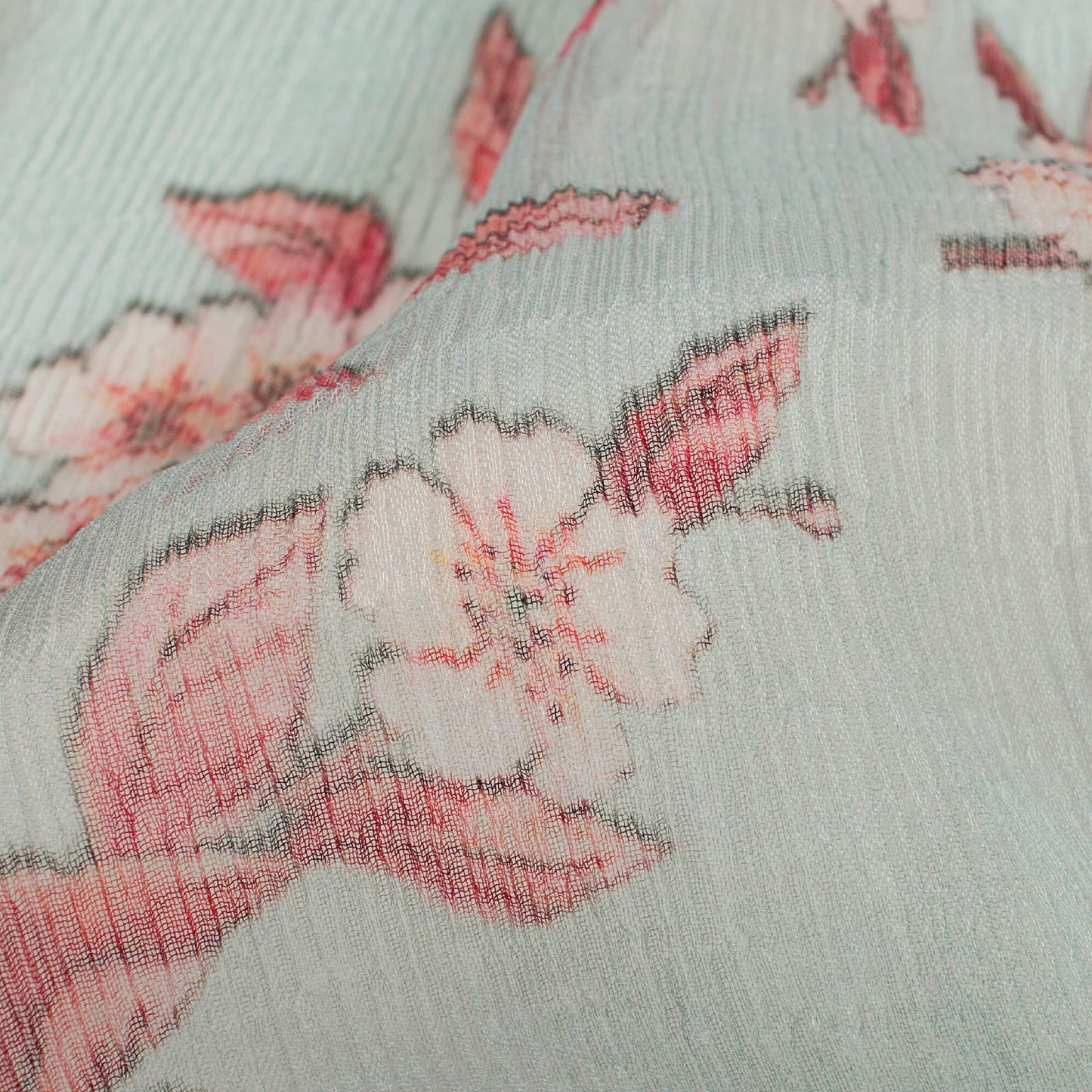 Powder Blue And Brick Red Floral Pattern Digital Print Bemberg Chiffon Fabric