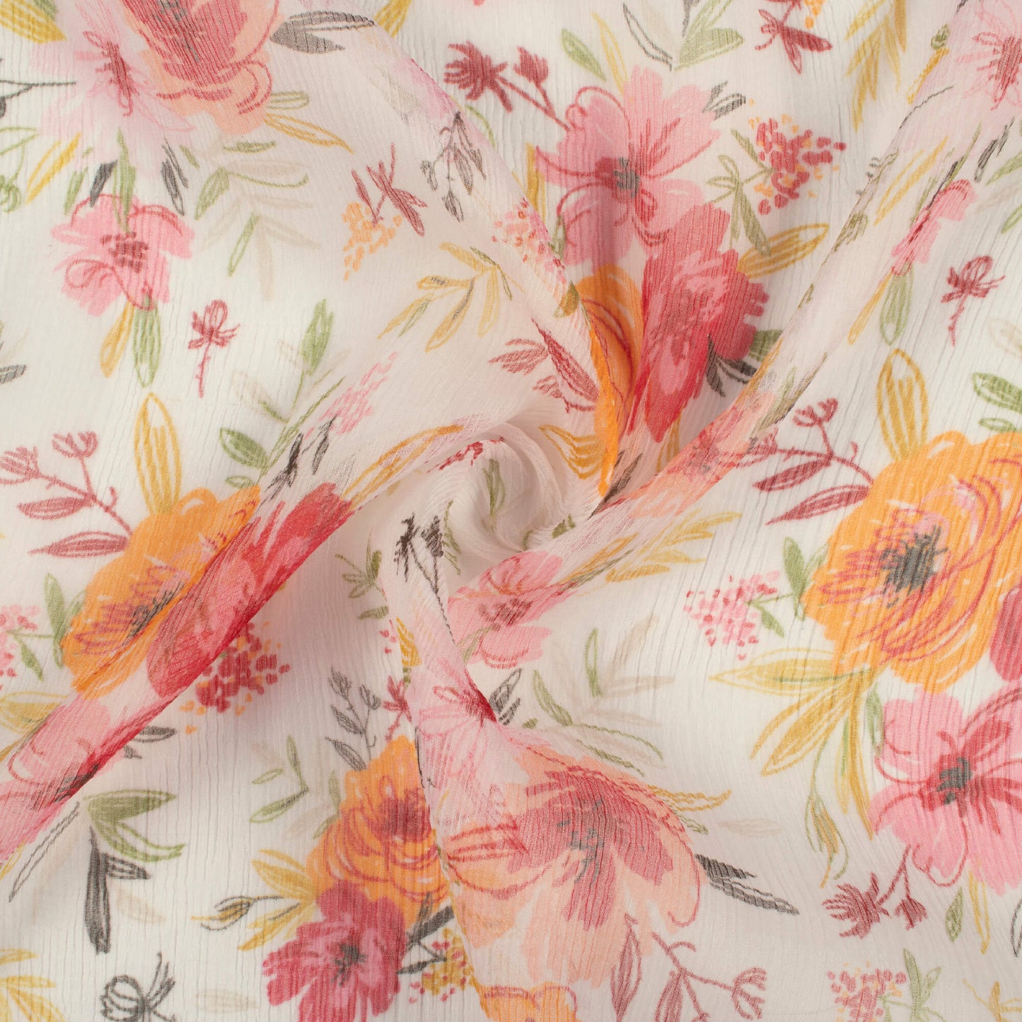 White And Red Floral Pattern Digital Print Bemberg Chiffon Fabric