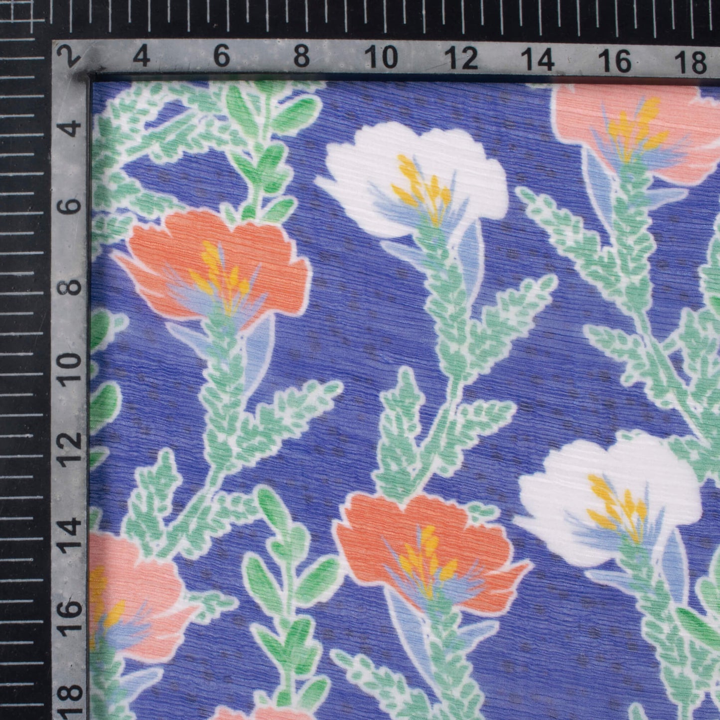 Royal Blue And Salmon Orange Floral Pattern Digital Print Bemberg Chiffon Fabric