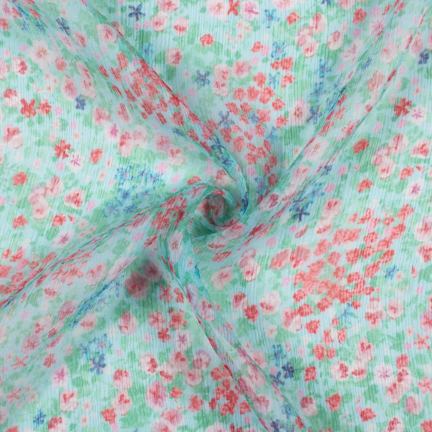 Seafoam Green And Red Floral Pattern Digital Print Bemberg Chiffon Fabric