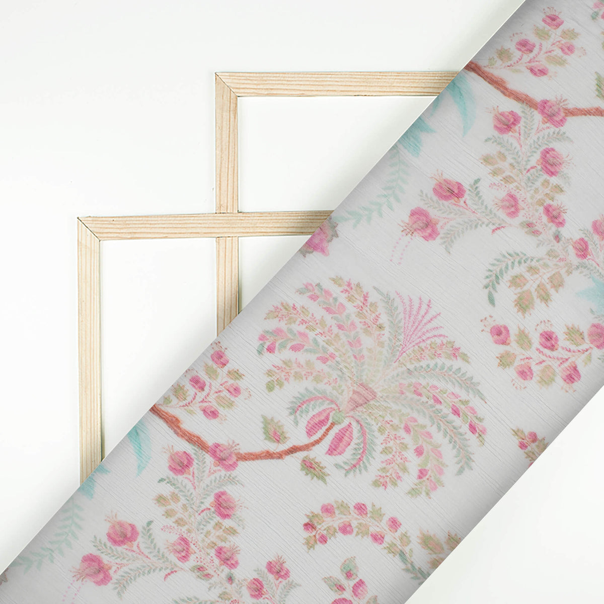 White And Fuchsia Floral Pattern Digital Print Bemberg Chiffon Fabric