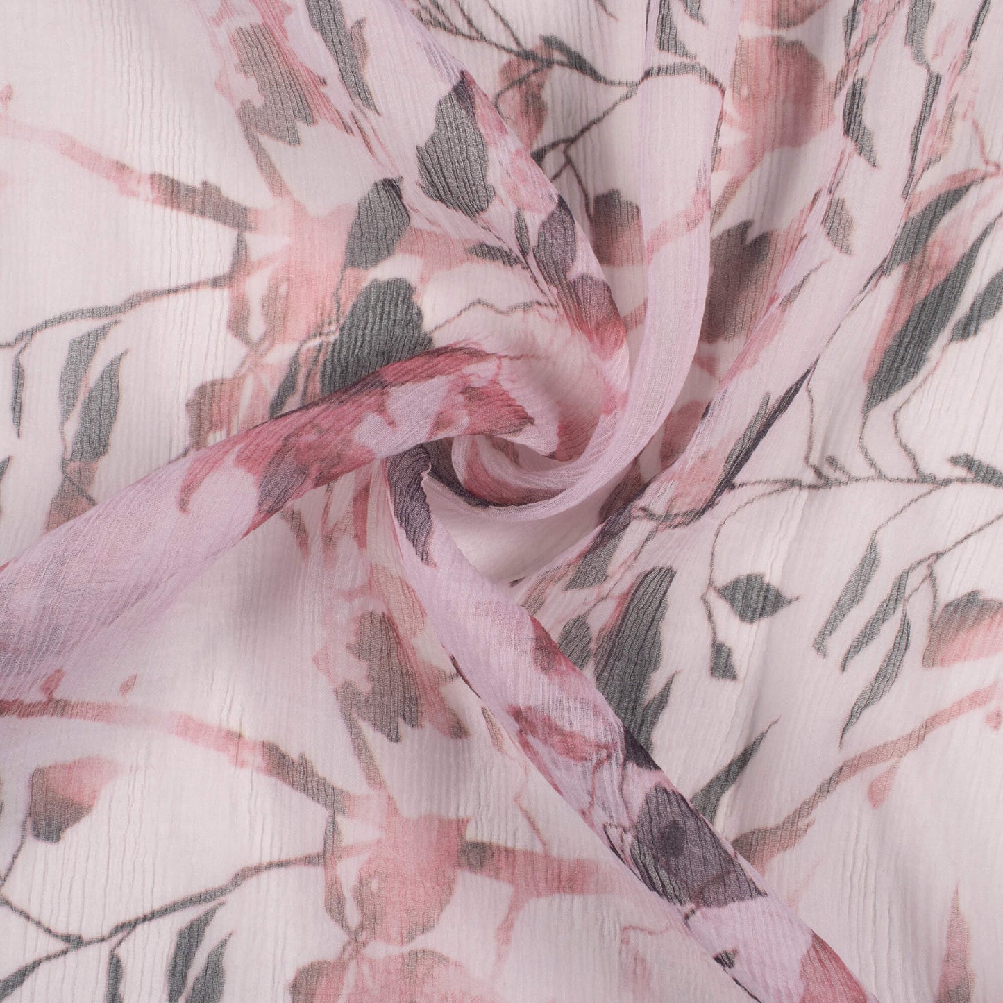 Dusty Pink And Black Leaf Pattern Digital Print Bemberg Chiffon Fabric