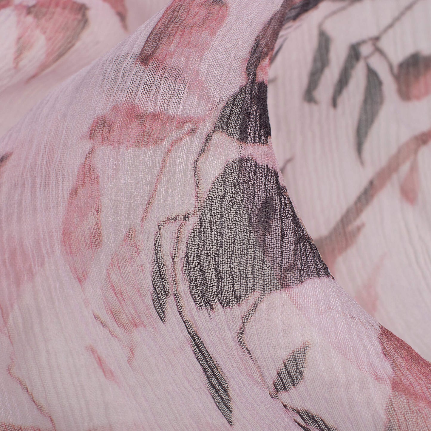 Dusty Pink And Black Leaf Pattern Digital Print Bemberg Chiffon Fabric