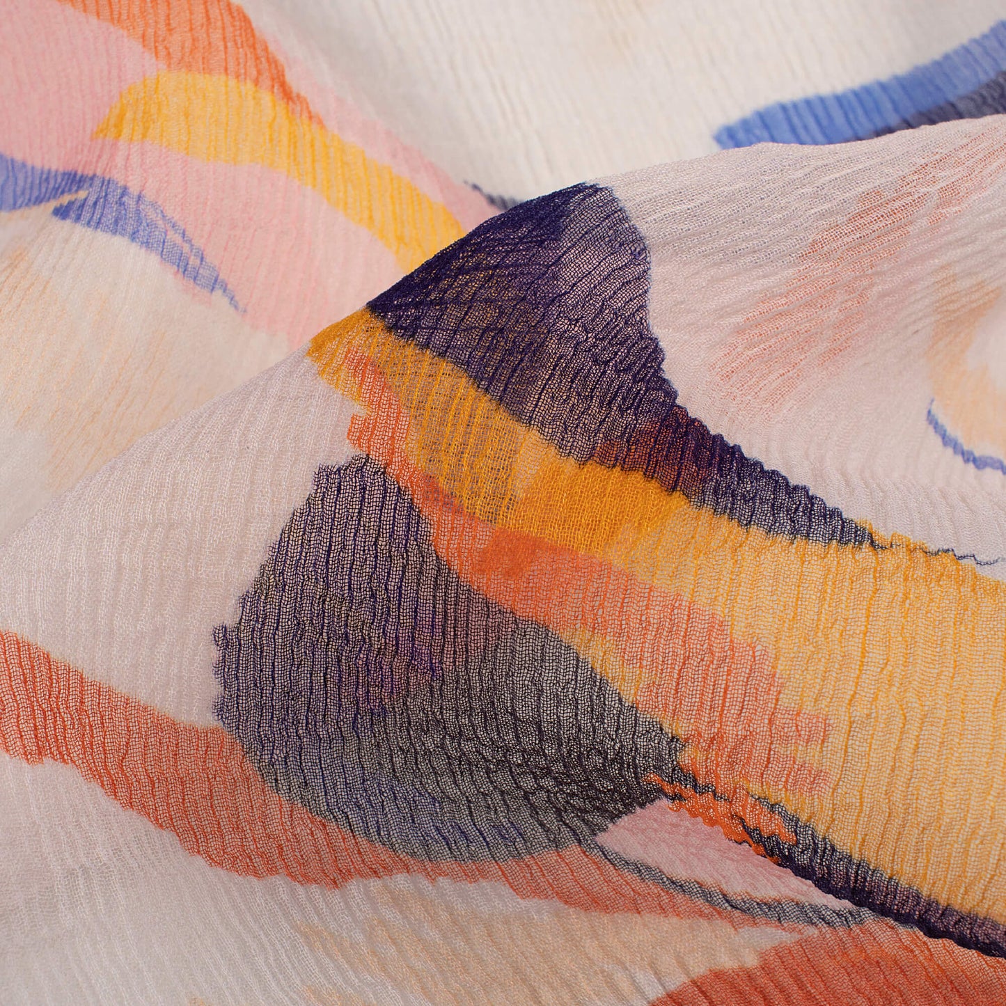 White And Navy Blue Abstract Pattern Digital Print Bemberg Chiffon Fabric