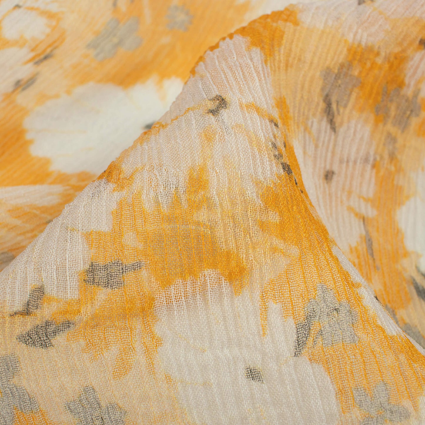 Merigold Orange And White Floral Pattern Digital Print Bemberg Chiffon Fabric