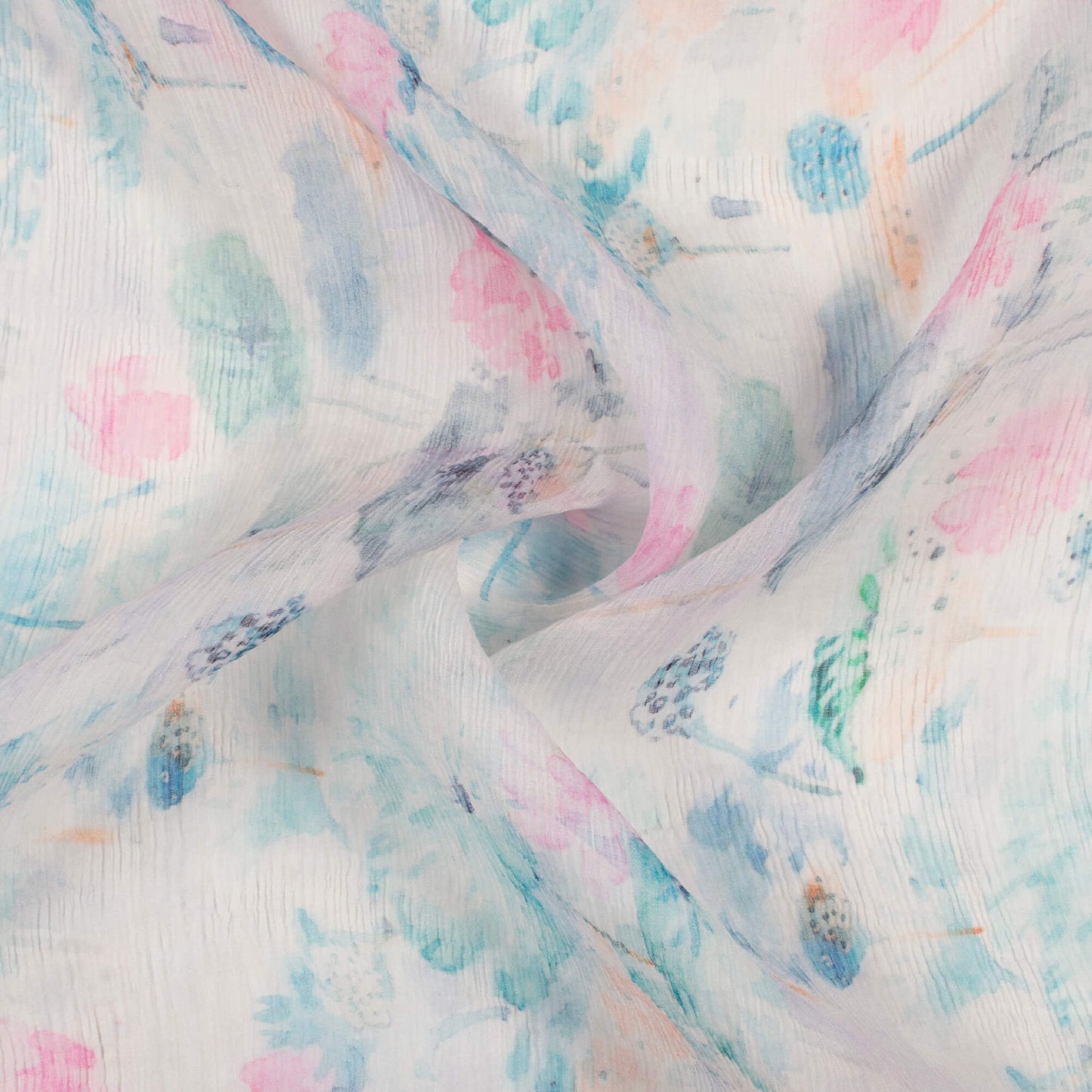 Pale Blue And Pink Floral Pattern Digital Print Bemberg Chiffon Fabric