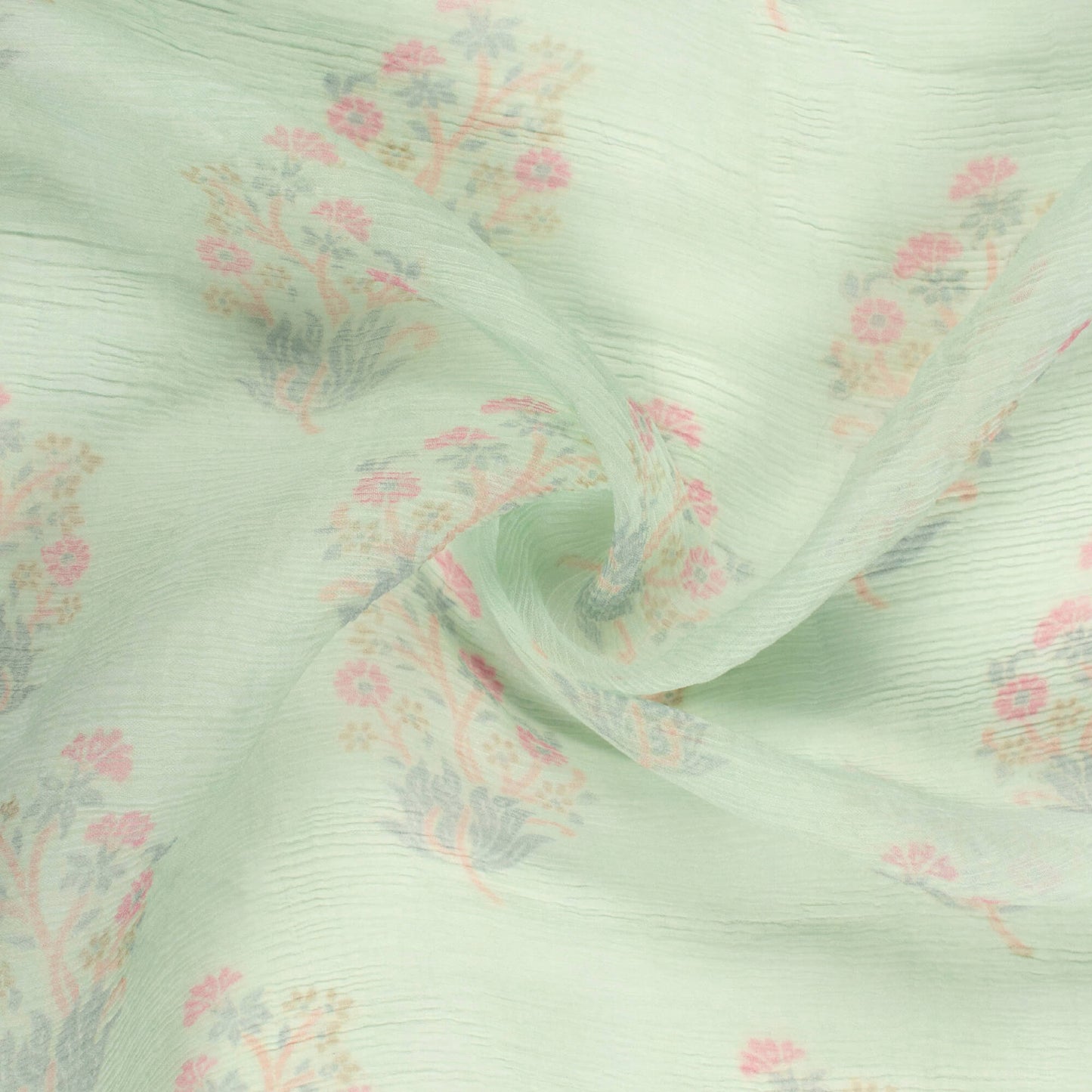 Tea Green And Pink Booti Pattern Digital Print Bemberg Chiffon Fabric