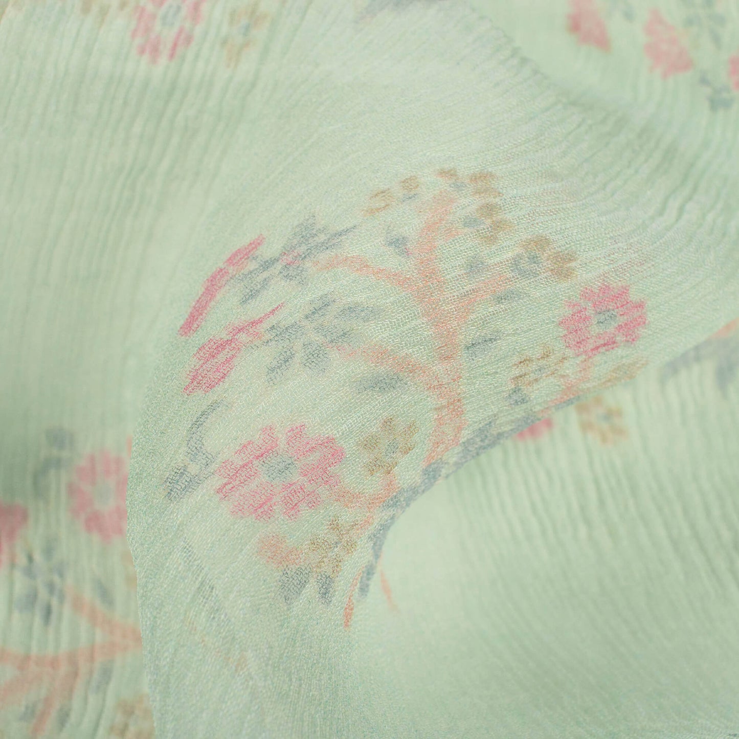 Tea Green And Pink Booti Pattern Digital Print Bemberg Chiffon Fabric