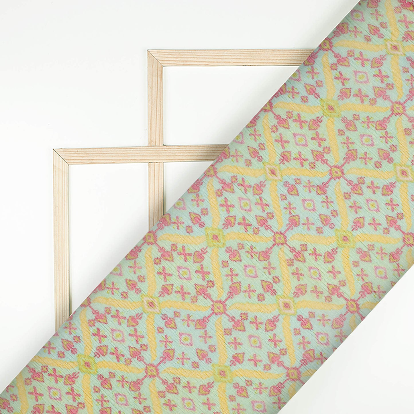 Pastel Blue And Yellow Trellis Pattern Digital Print Bemberg Chiffon Fabric