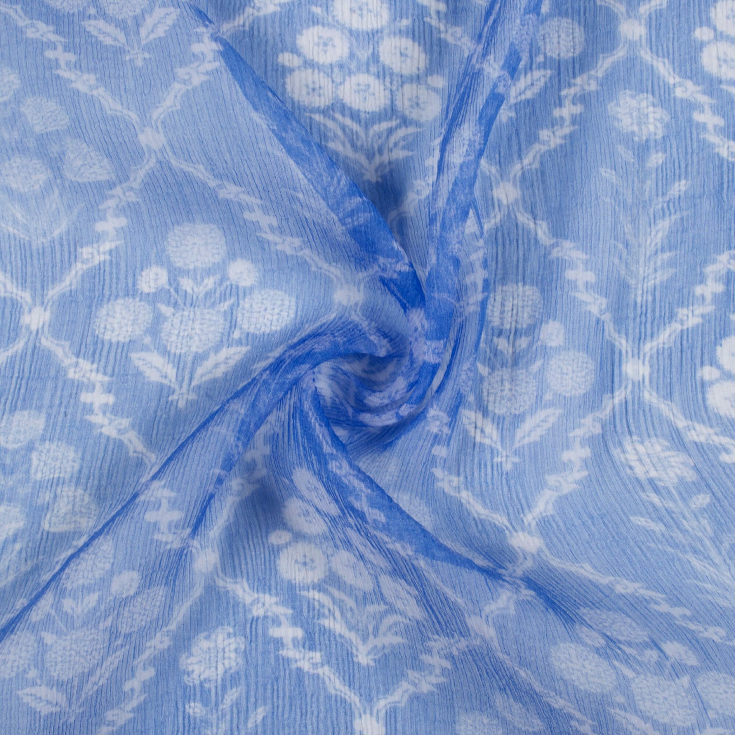 Royal Blue And White Floral Pattern Digital Print Bemberg Chiffon Fabric