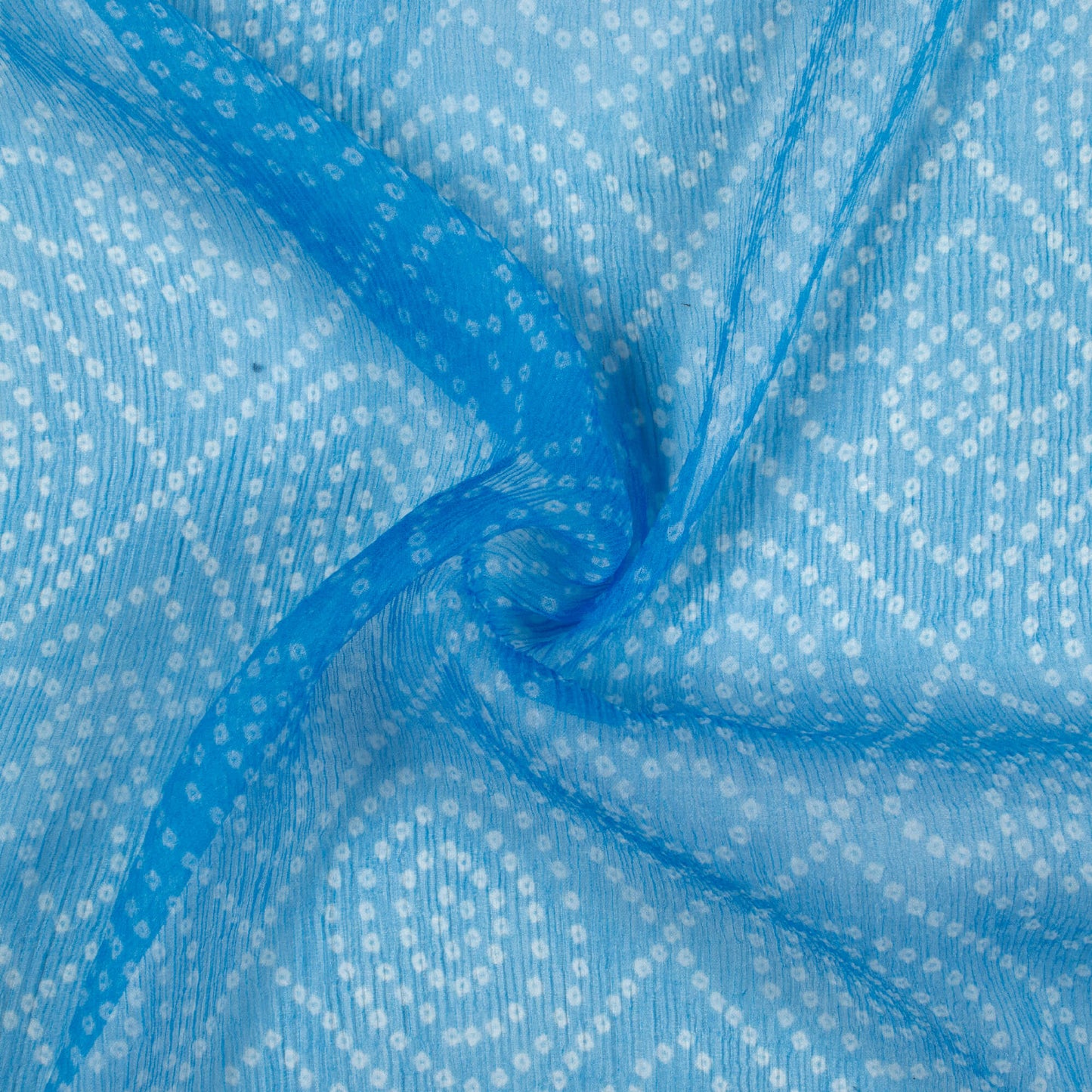 Azure Blue And White Bandhanii Pattern Digital Print Bemberg Chiffon Fabric