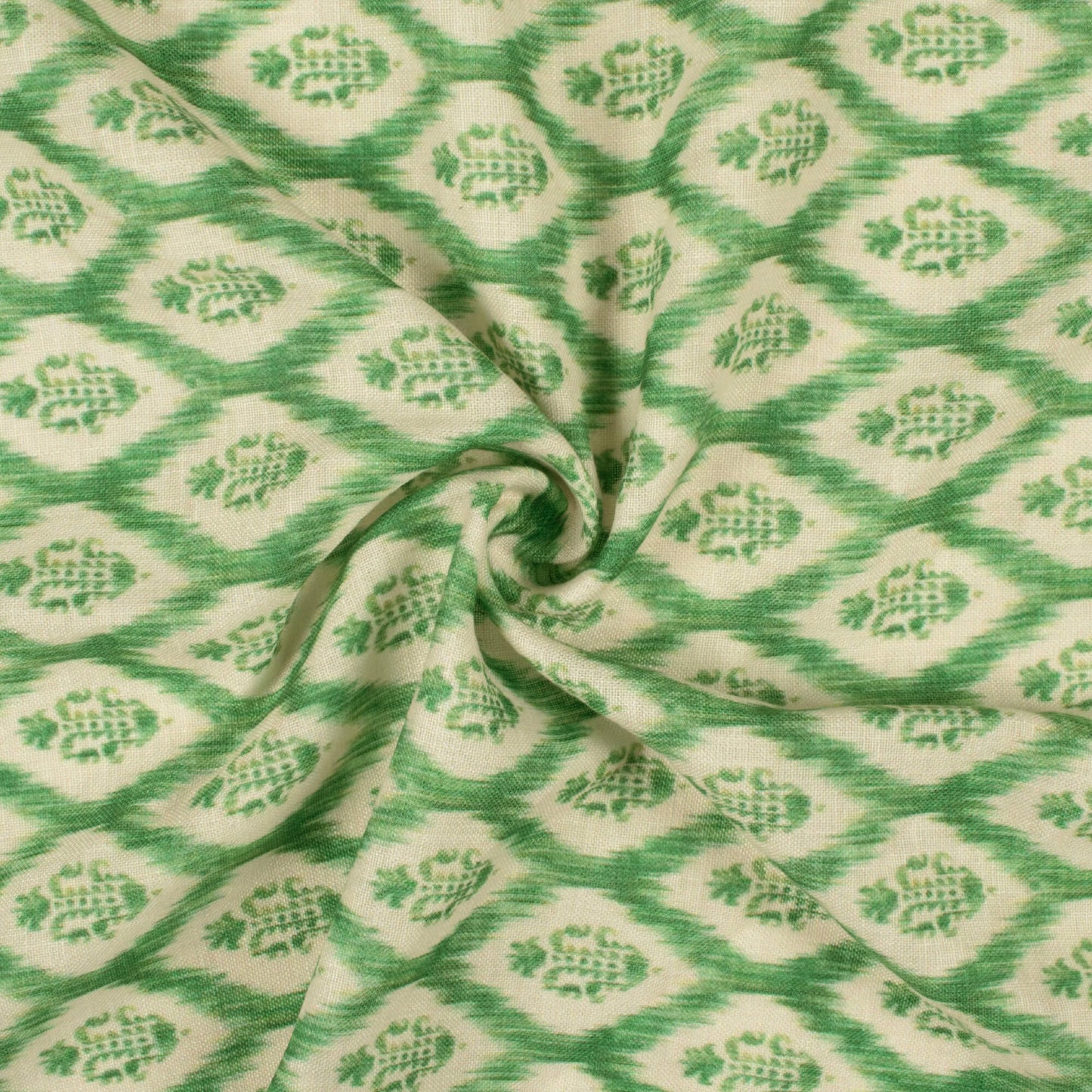 Basil Green And Off White Floral Pattern Digital Print Linen Textured Fabric (Width 56 Inches)