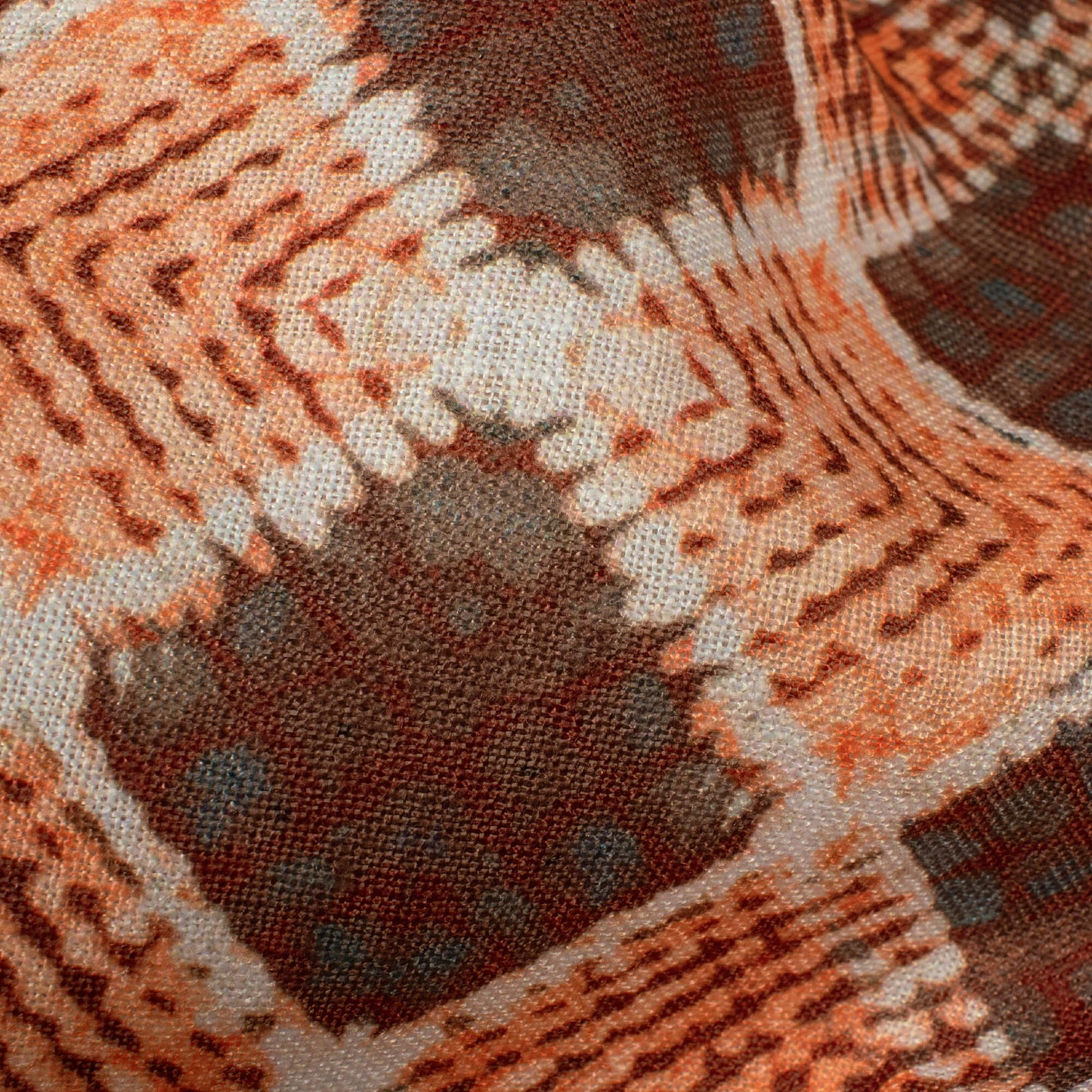 Bronze Orange And Maroon Batik Pattern Digital Print Linen Textured Fabric (Width 56 Inches)