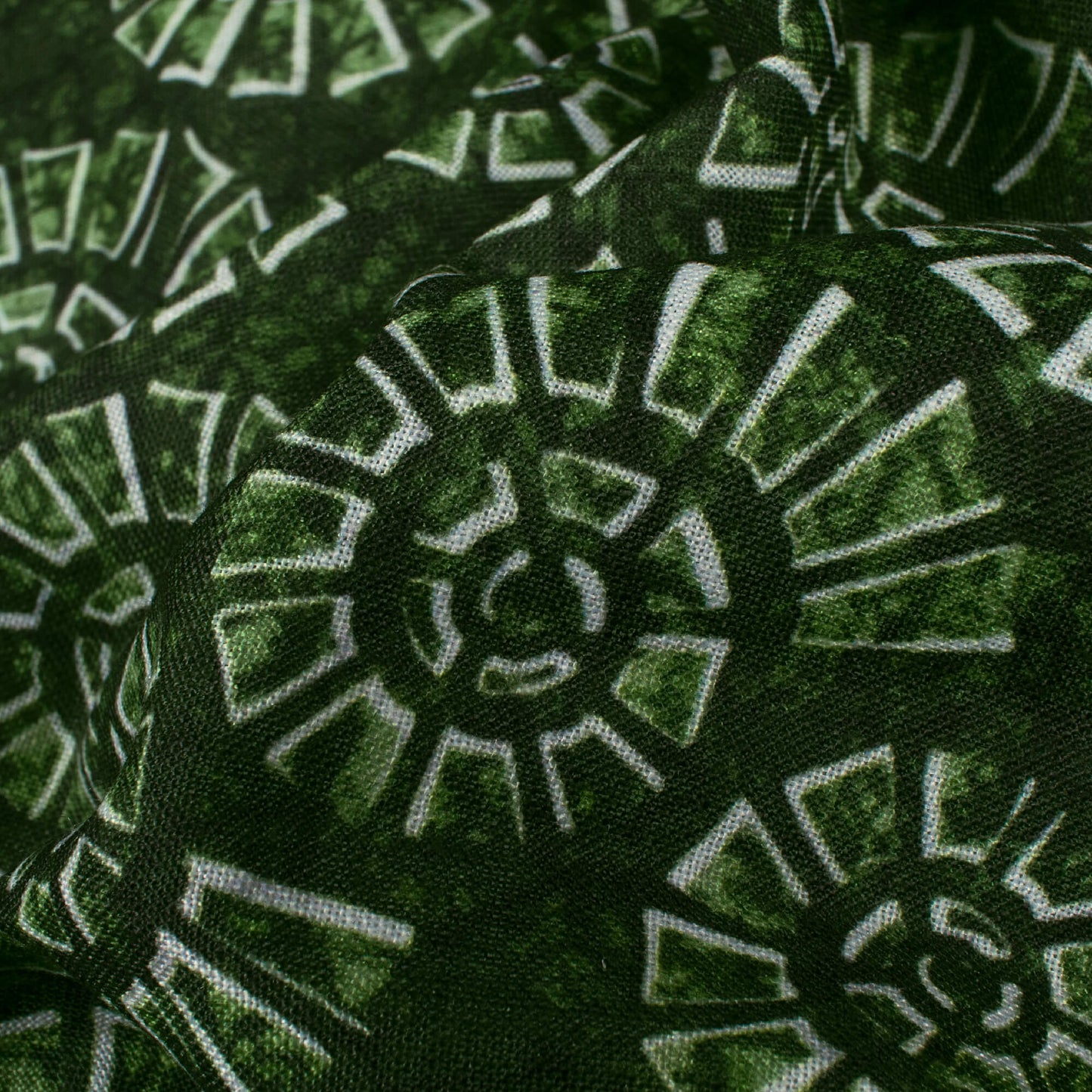 Forest Green Geometric Pattern Digital Print Linen Textured Fabric (Width 56 Inches)