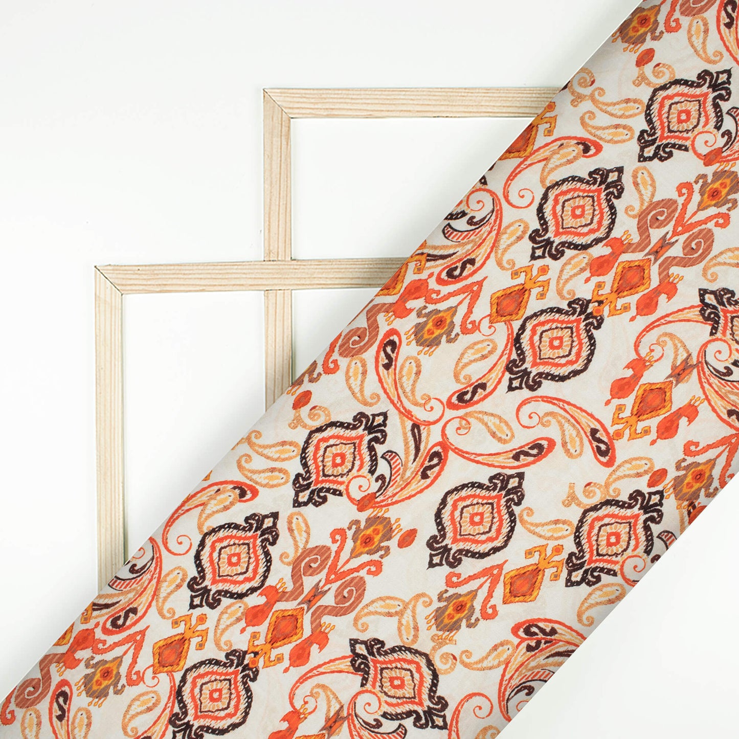 Daisy White And Salamander Orange Ethnic Pattern Digital Print Linen Textured Fabric (Width 56 Inches)