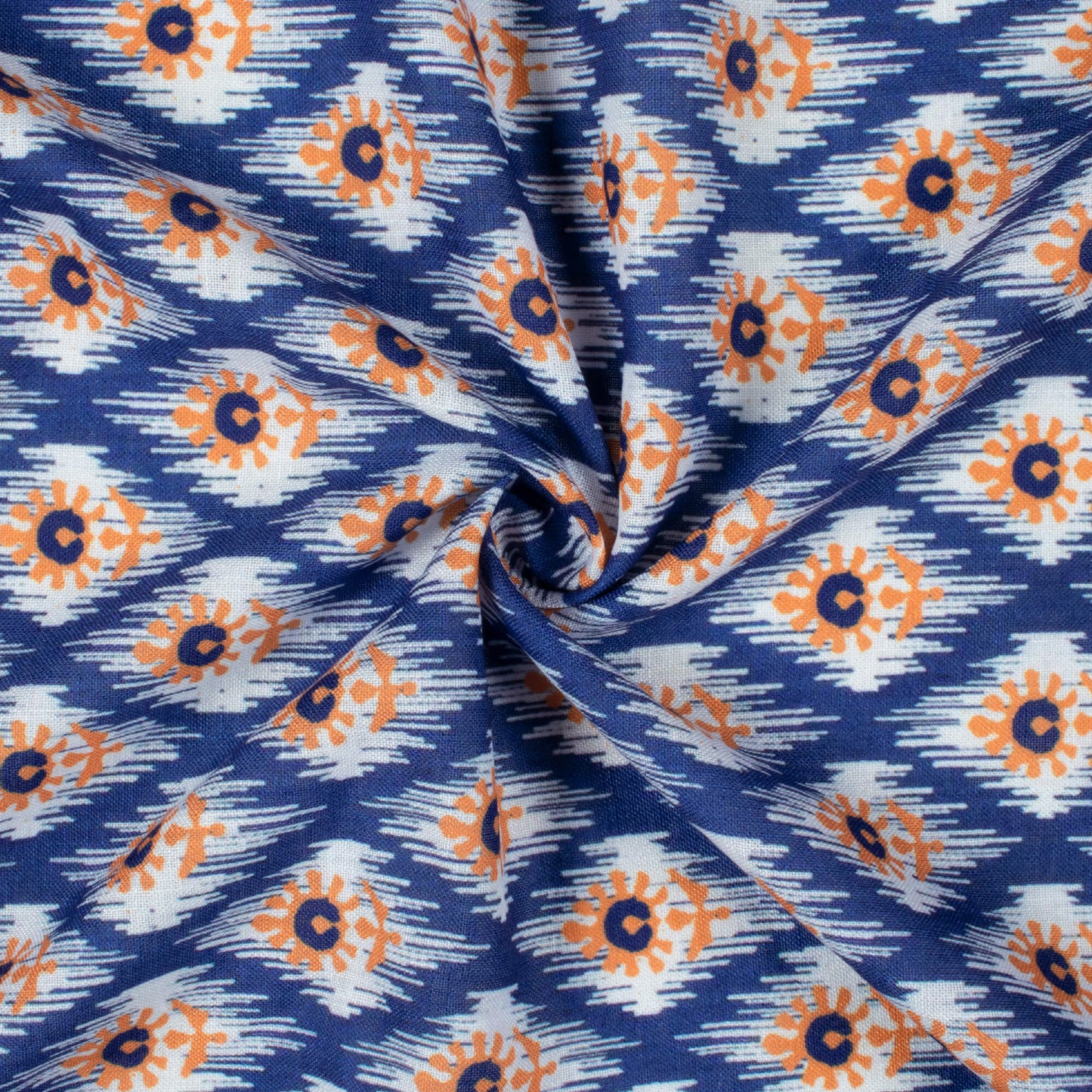 Space Blue And Orange Ethnic Pattern Digital Print Linen Textured Fabric (Width 56 Inches)