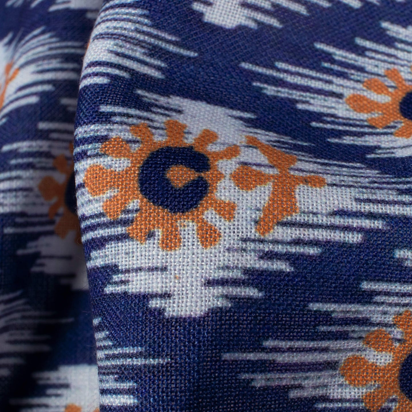 Space Blue And Orange Ethnic Pattern Digital Print Linen Textured Fabric (Width 56 Inches)