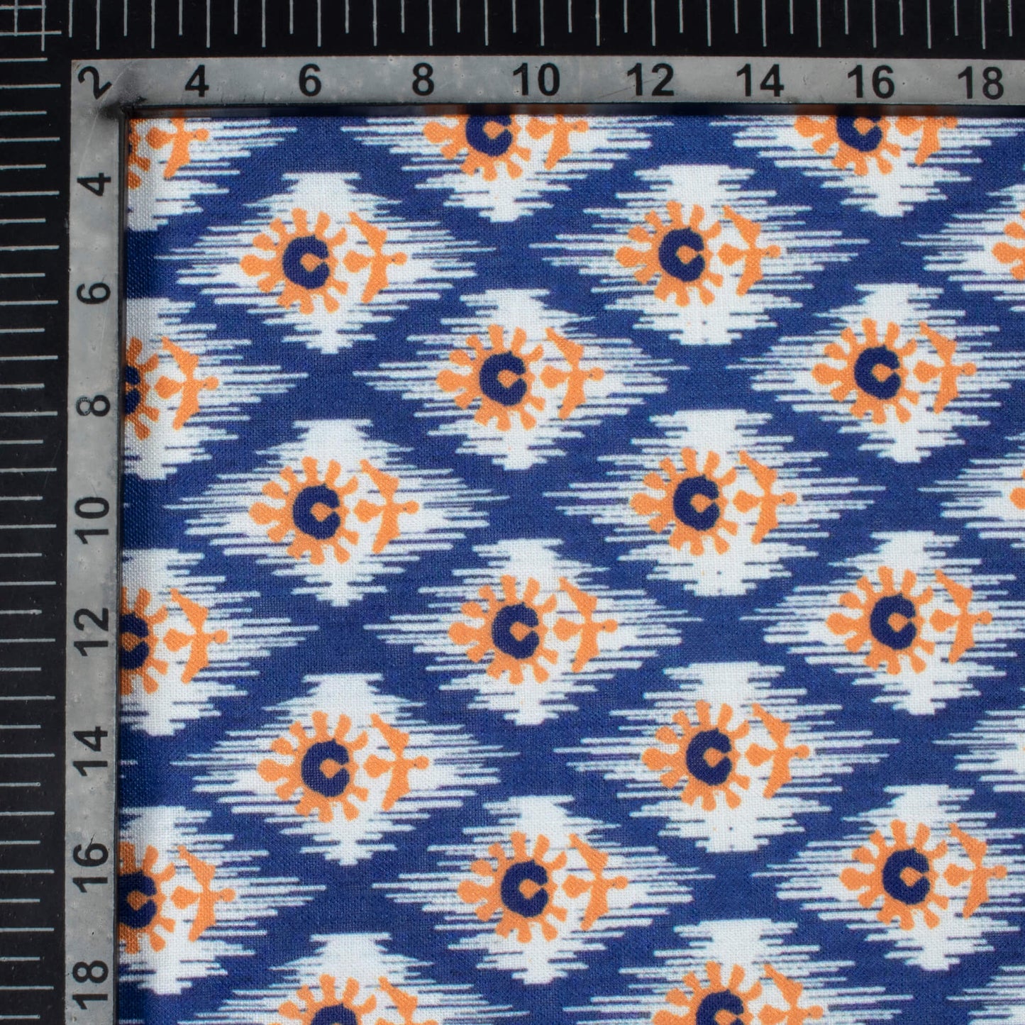 Space Blue And Orange Ethnic Pattern Digital Print Linen Textured Fabric (Width 56 Inches)