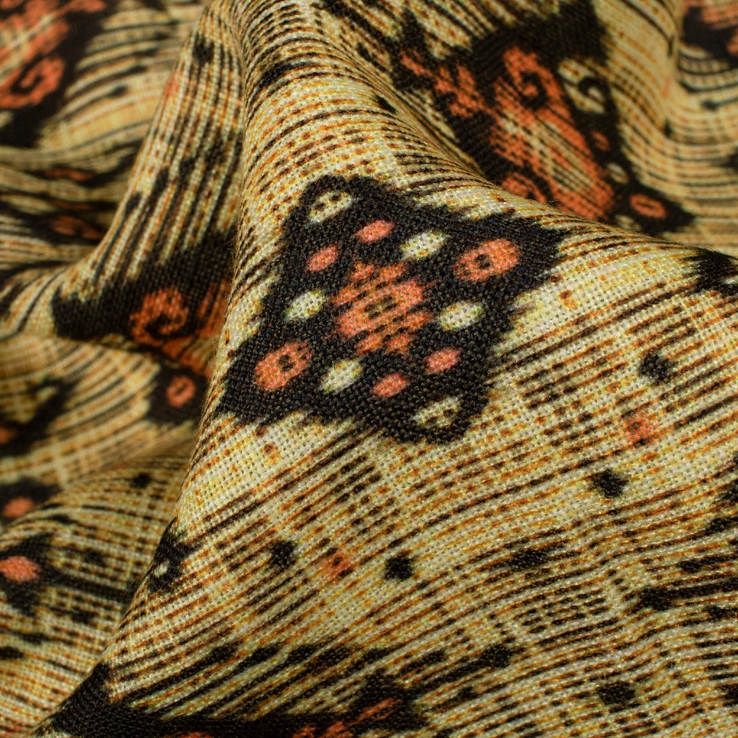 Corn Yellow And Black Ethnic Pattern Digital Print Linen Textured Fabric (Width 56 Inches)