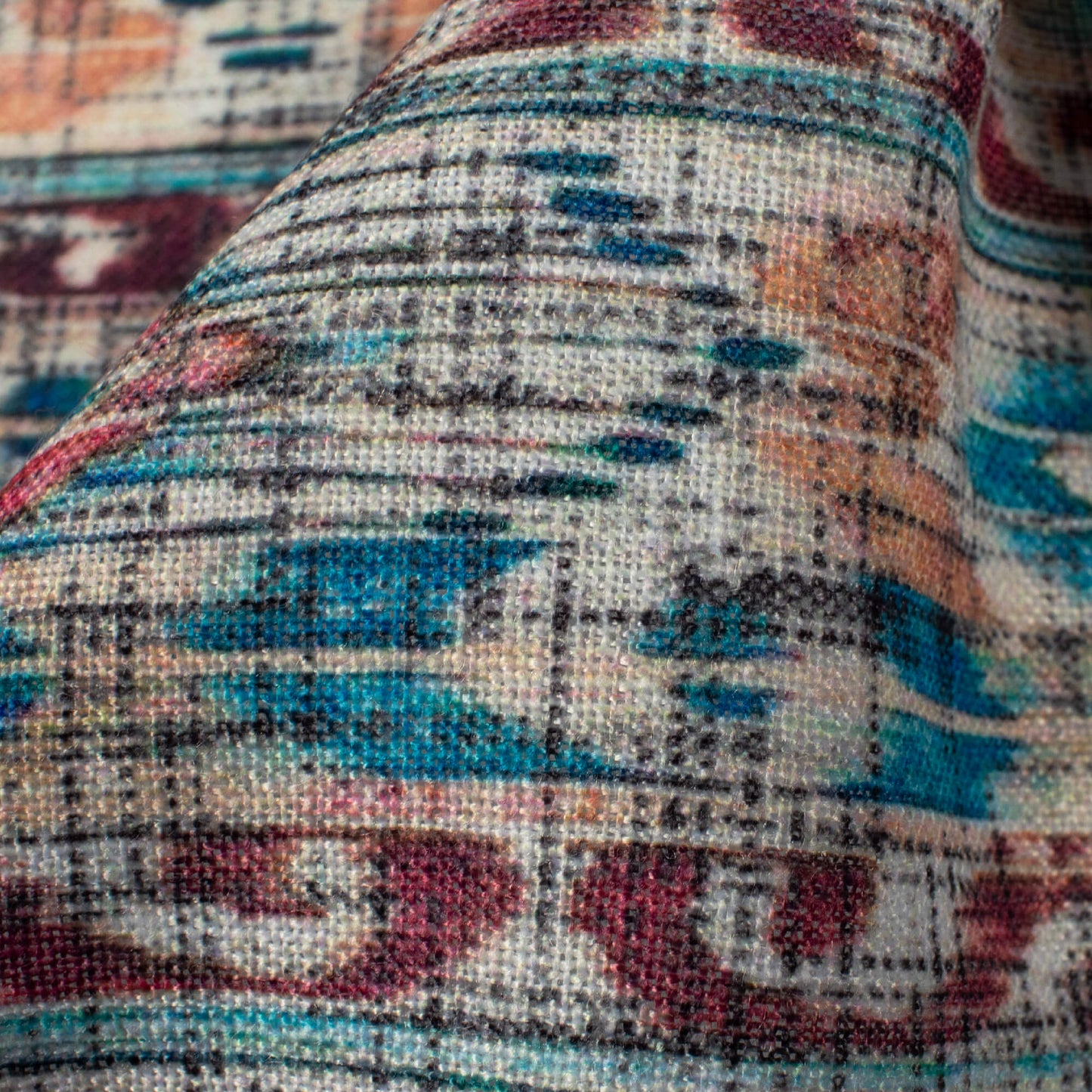 Teal Green And Hickory Brown Ethnic Pattern Digital Print Linen Textured Fabric (Width 56 Inches)
