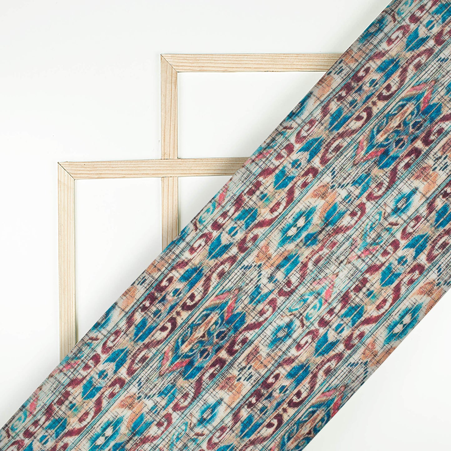 Teal Green And Hickory Brown Ethnic Pattern Digital Print Linen Textured Fabric (Width 56 Inches)