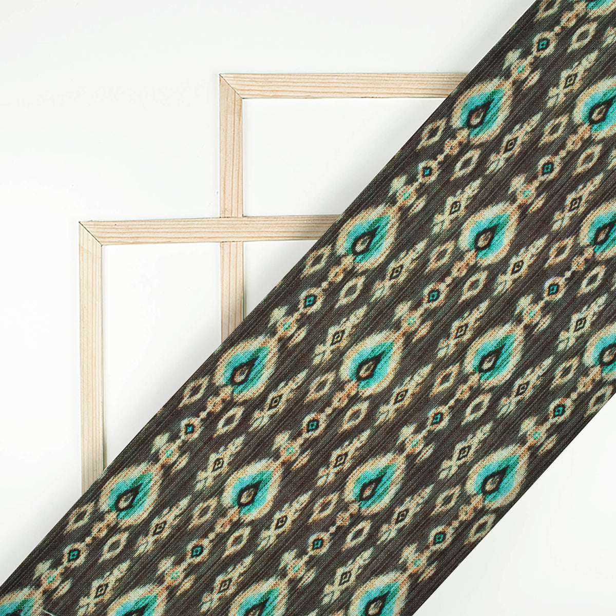 Uniform Green And Aqua Blue Ethnic Pattern Digital Print Linen Textured Fabric (Width 56 Inches)