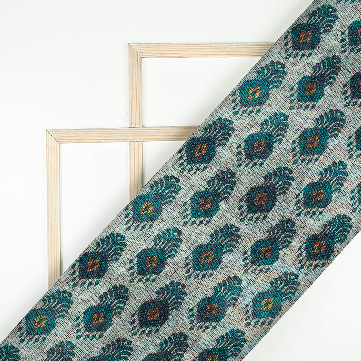 Steel Grey And Pine Green Ethnic Pattern Digital Print Linen Textured Fabric (Width 56 Inches)