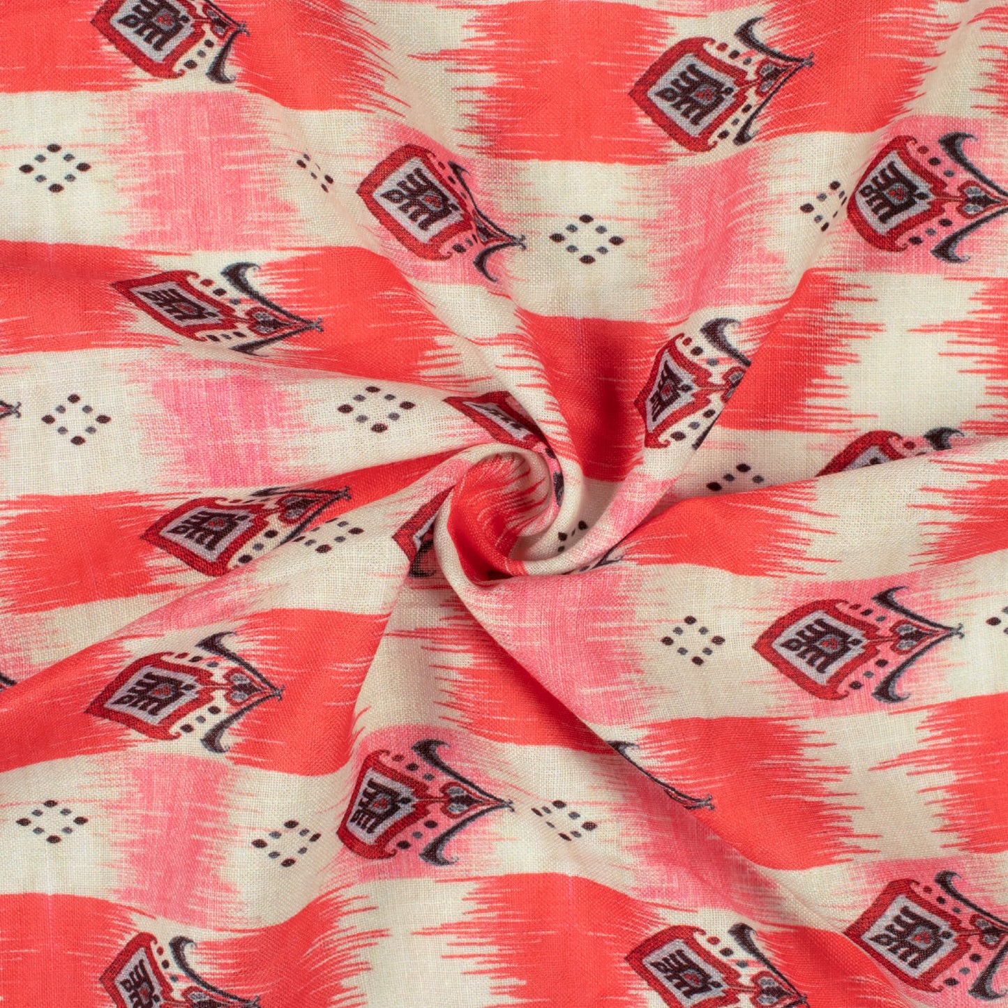 Persian Red And Taffy Pink Ethnic Pattern Digital Print Linen Textured Fabric (Width 56 Inches)