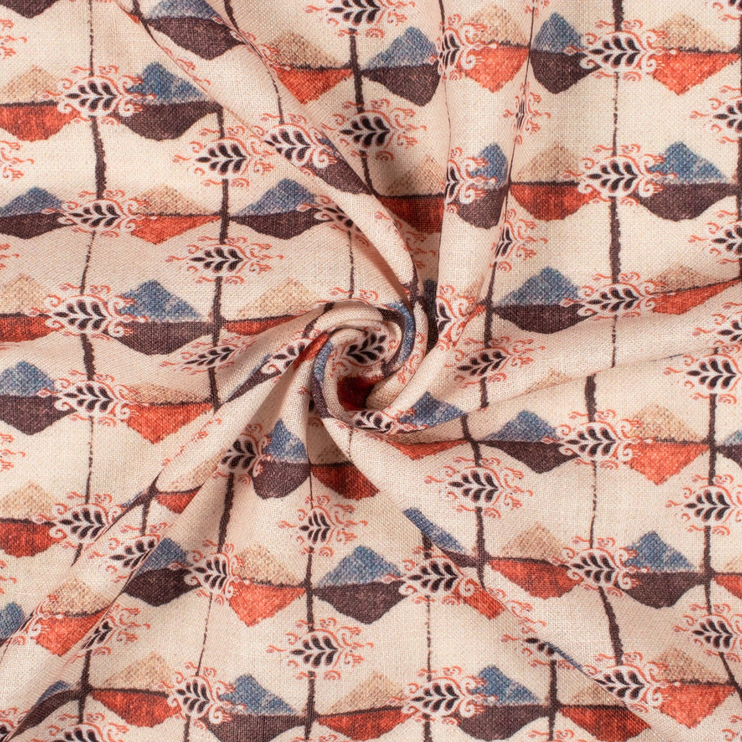 Ivory Cream And Red Geometric Pattern Digital Print Linen Textured Fabric (Width 56 Inches)